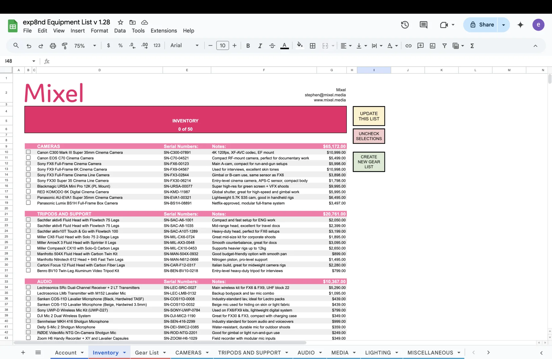 The spreadsheet Inventory tab: pink category header bands for CAMERAS, TRIPODS AND SUPPORT and AUDIO, each row a checkbox, item name, serial number, note and price, with Update this list and Create new gear list buttons on the right.