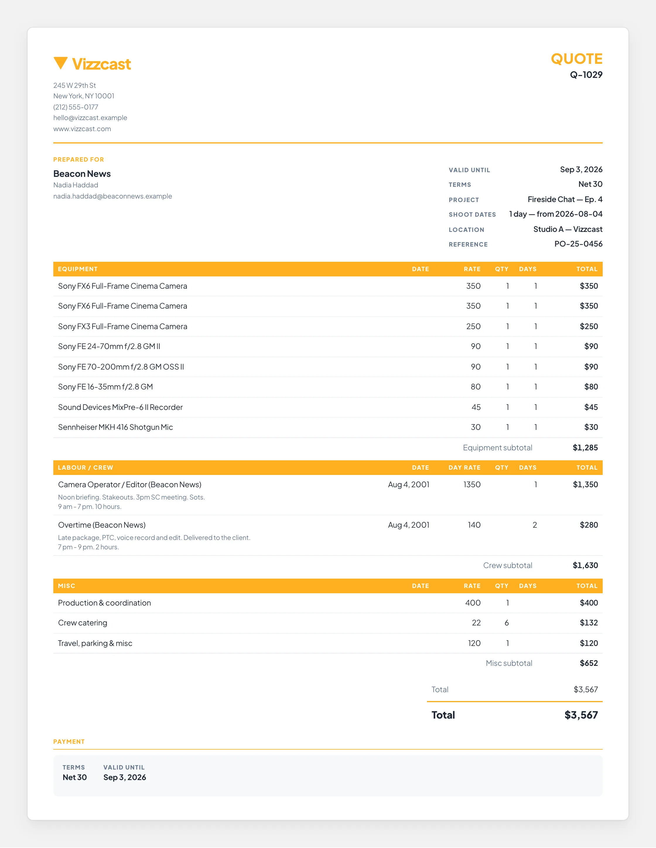 A branded production quote — the company and client at the top, then equipment, labour and miscellaneous line items with their subtotals, then the total and the payment terms