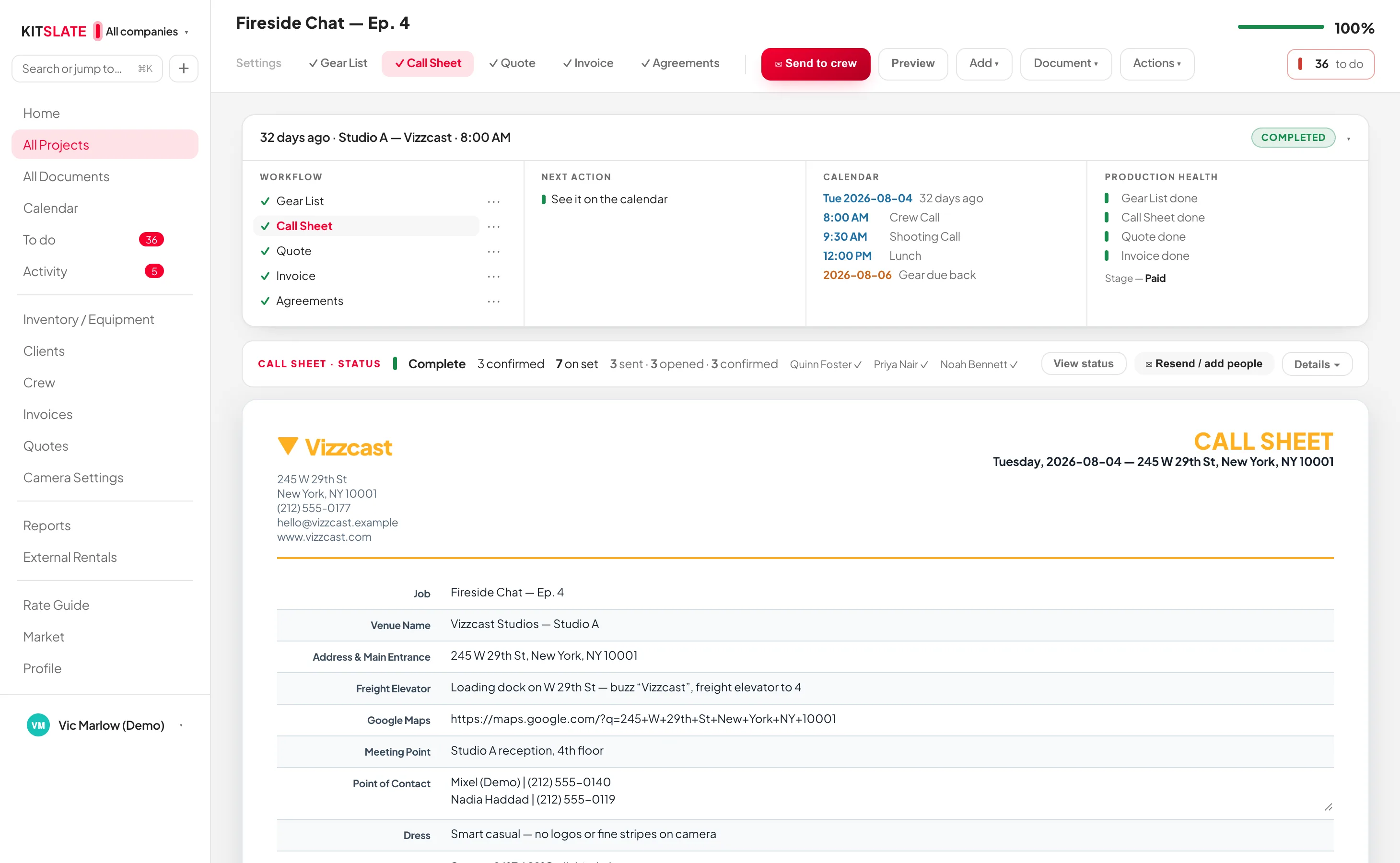 The call sheet editor in the app — the production's workflow and next actions above, per-recipient confirmation tracking, and the editable sheet below