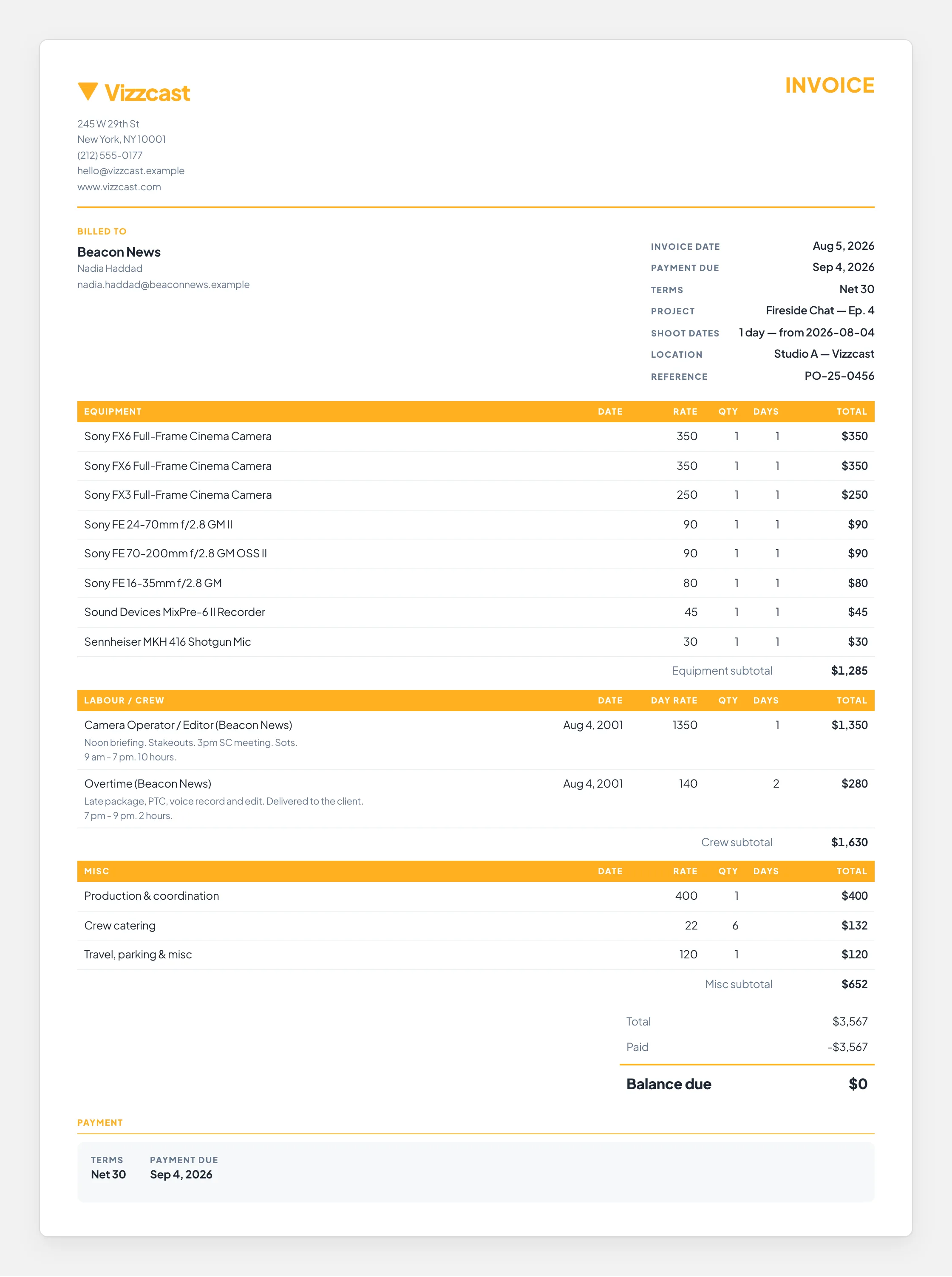 A numbered, dated invoice frozen from the accepted quote, carrying the same lines and the payment terms