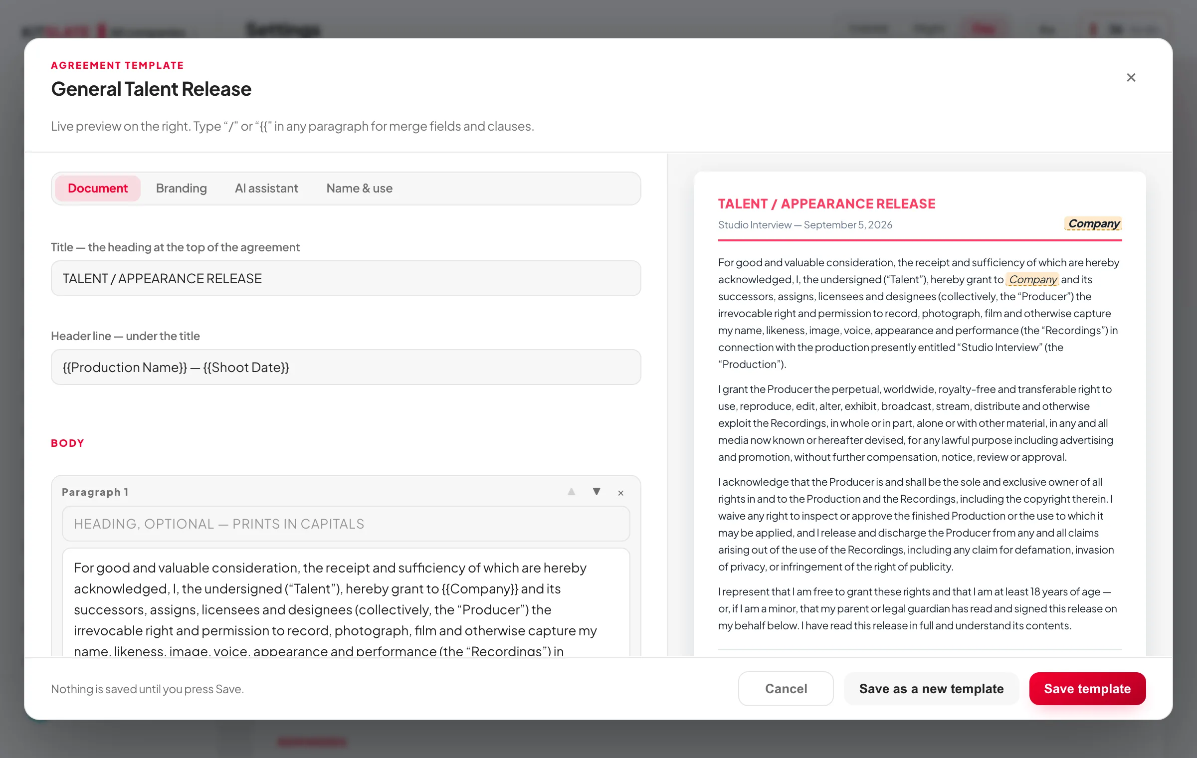 The agreement template editor: the Document tab with title, header line and body paragraphs on the left; on the right the live preview, where Company is highlighted in amber wherever it appears because the template holds no company