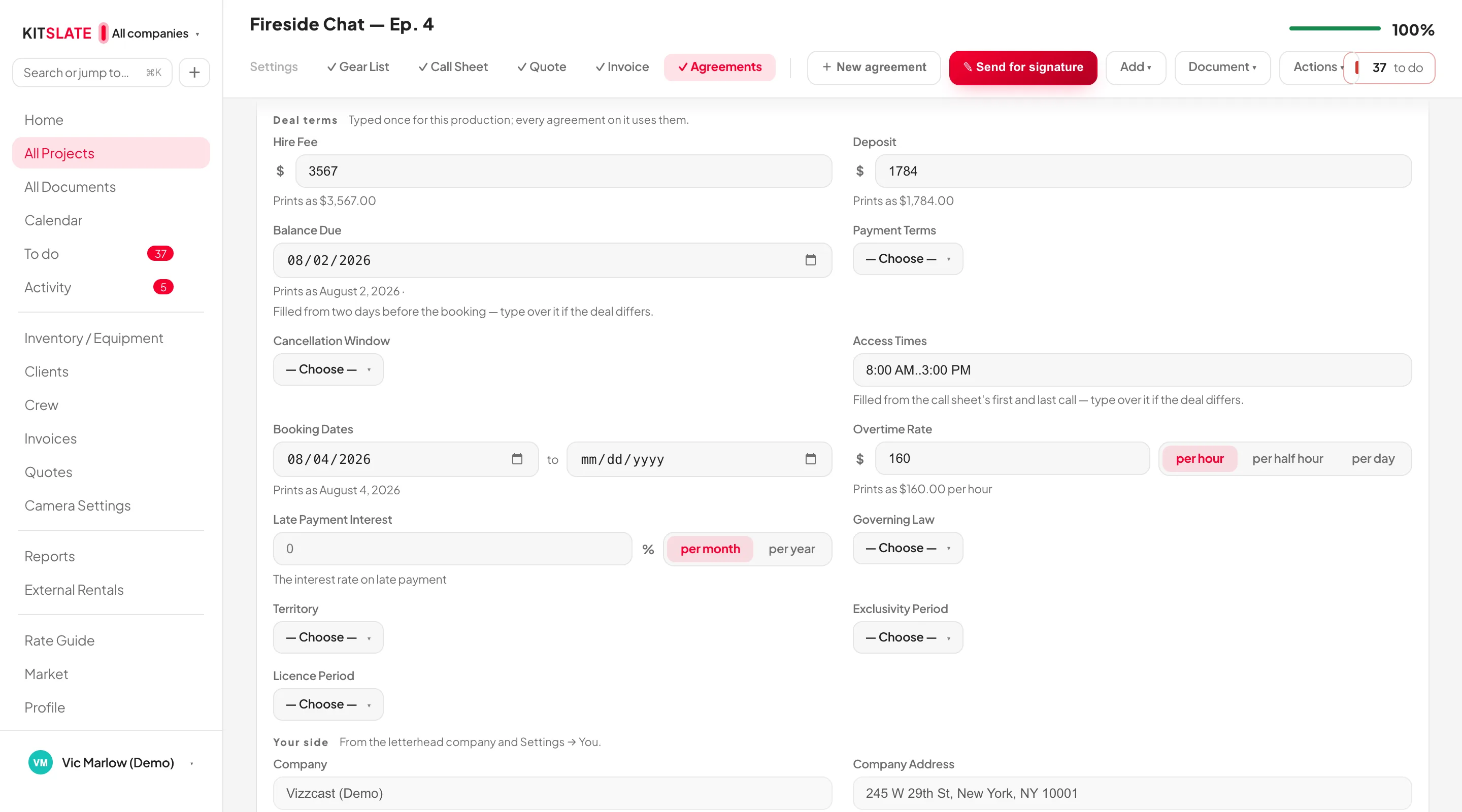 The agreement details panel on a production, at the Deal terms group: hire fee and deposit filled from the quote, balance due two days before the booking, access times filled from the call sheet's first and last call, booking dates and an hourly overtime rate — each filled value with a line saying where it came from