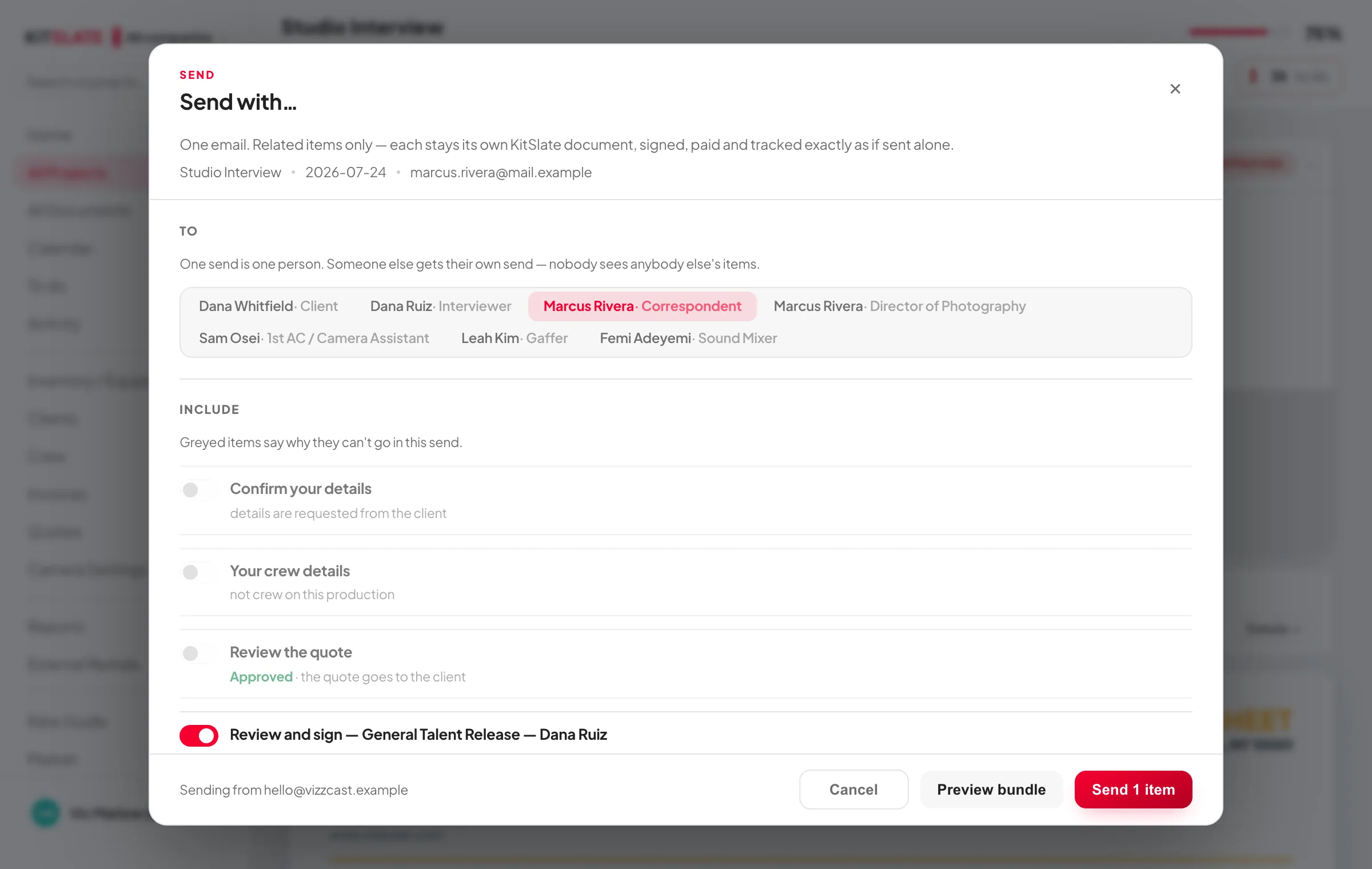 The Send with… dialog: the people on the production to choose from, then a switch per item — confirm your details, crew details, review the quote, review and sign the agreement, pay the invoice — with greyed rows saying why an item cannot go, and a Send 1 item button