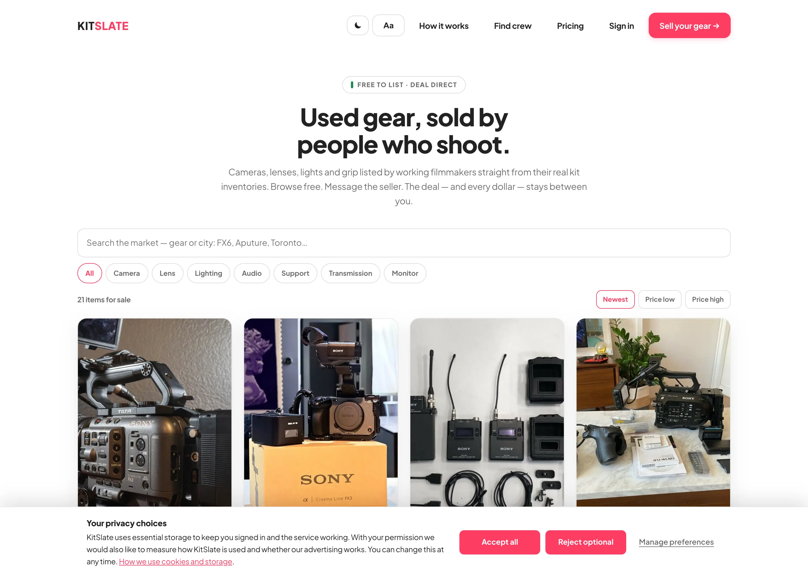 The KitSlate used-gear market — real member listings with photos, asking price, condition, seller and city, with category filters and sorting