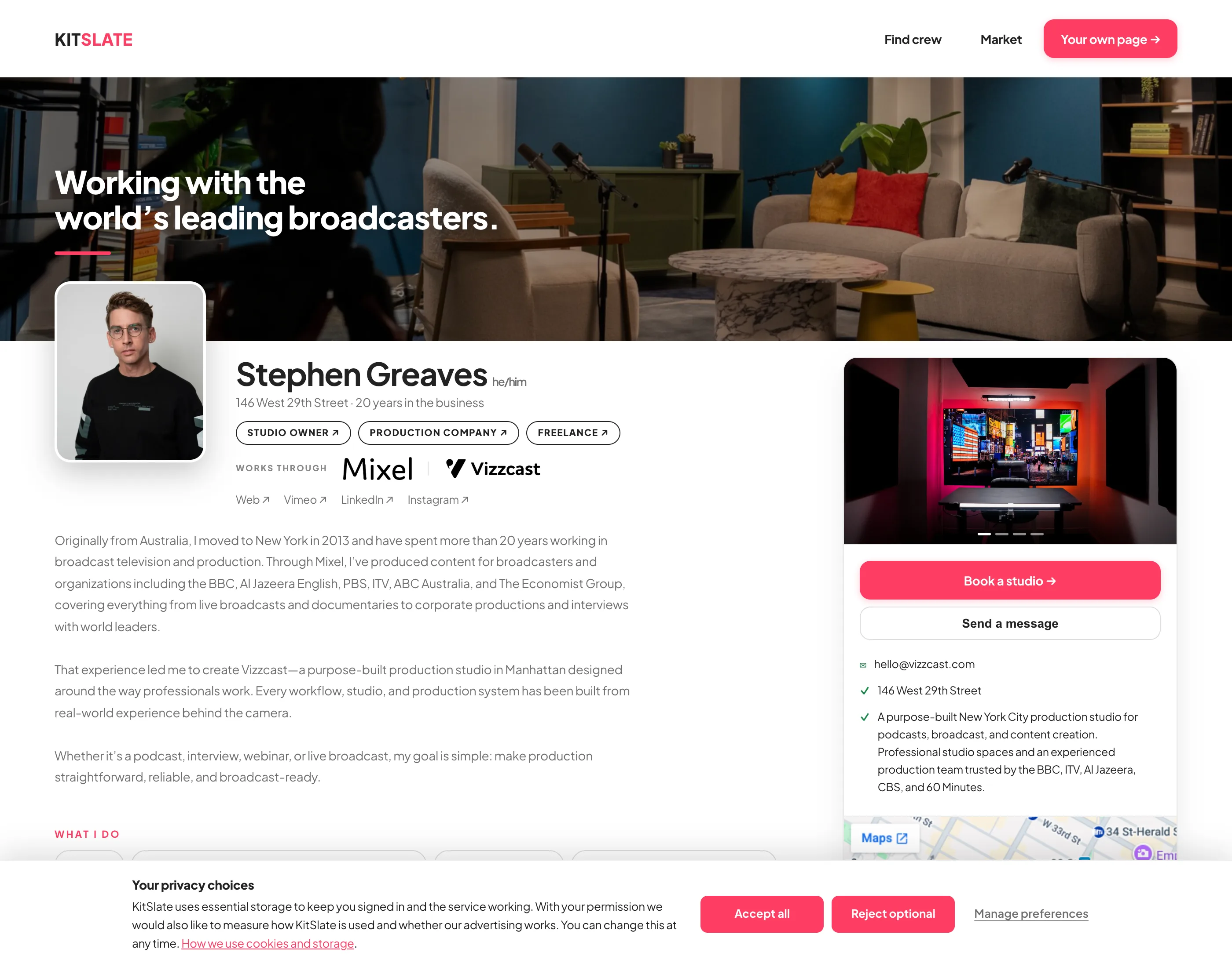 A published KitSlate member page — cover, photo, roles, the companies worked through, the bio, a contact card with Book a studio and Send a message, and a map