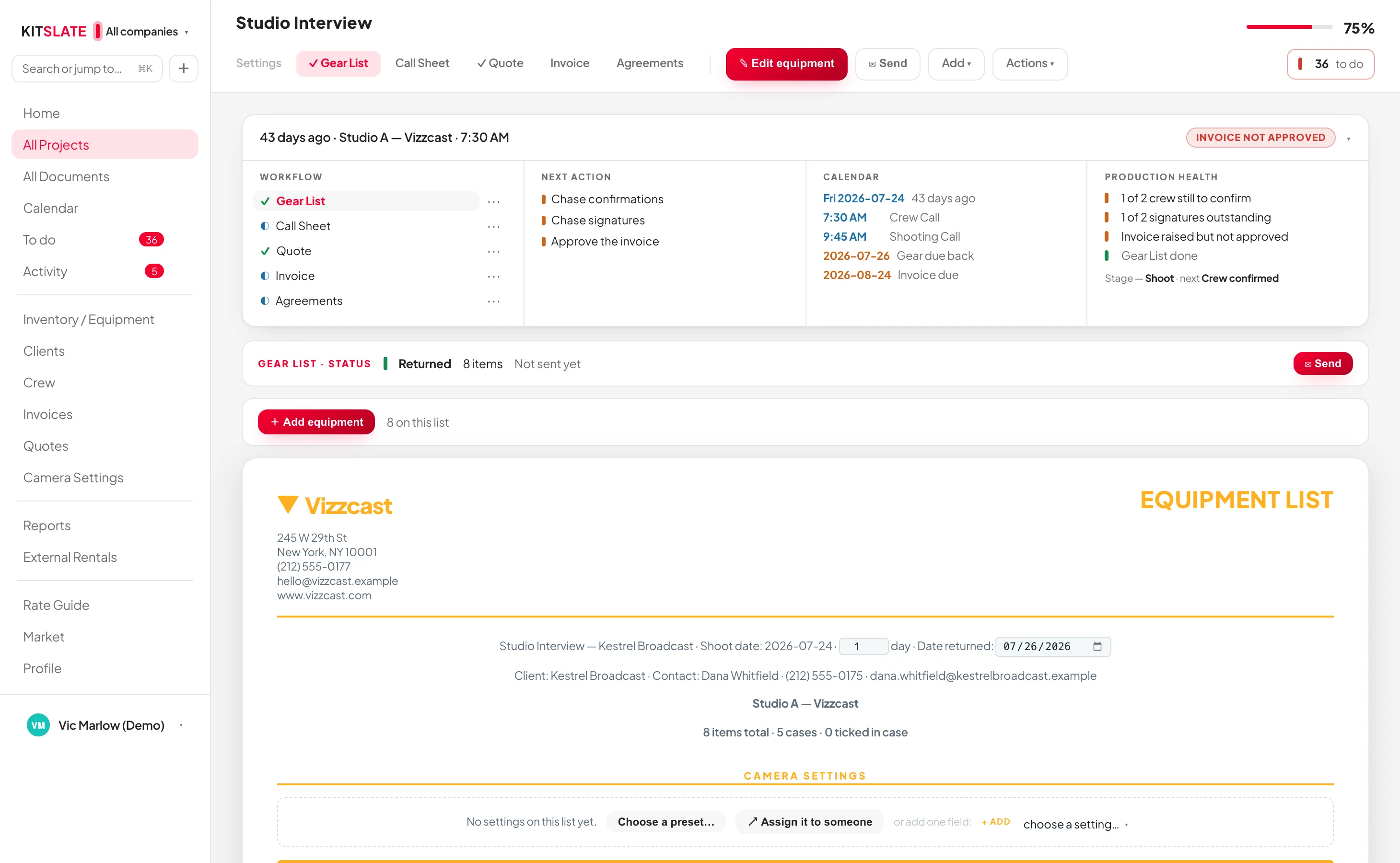 One production open in KitSlate — the five-document workflow down the left with each document's real state, the next actions, the day's call times on the calendar, production health, and a checklist where every line links to the thing it names