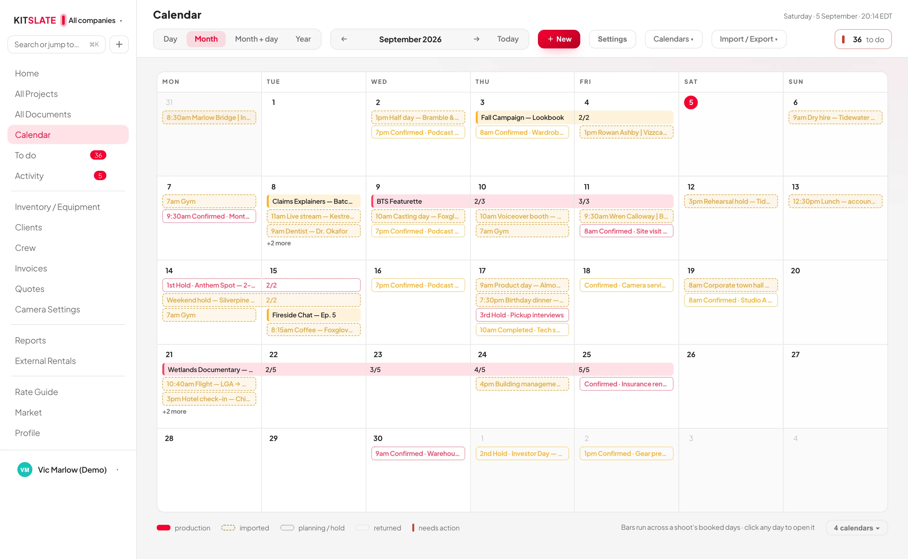 The KitSlate calendar in month view — every company in its own colour, confirmed shoots as solid bars, holds and pencils outlined, calendars imported from elsewhere shown as imported, and a legend naming each