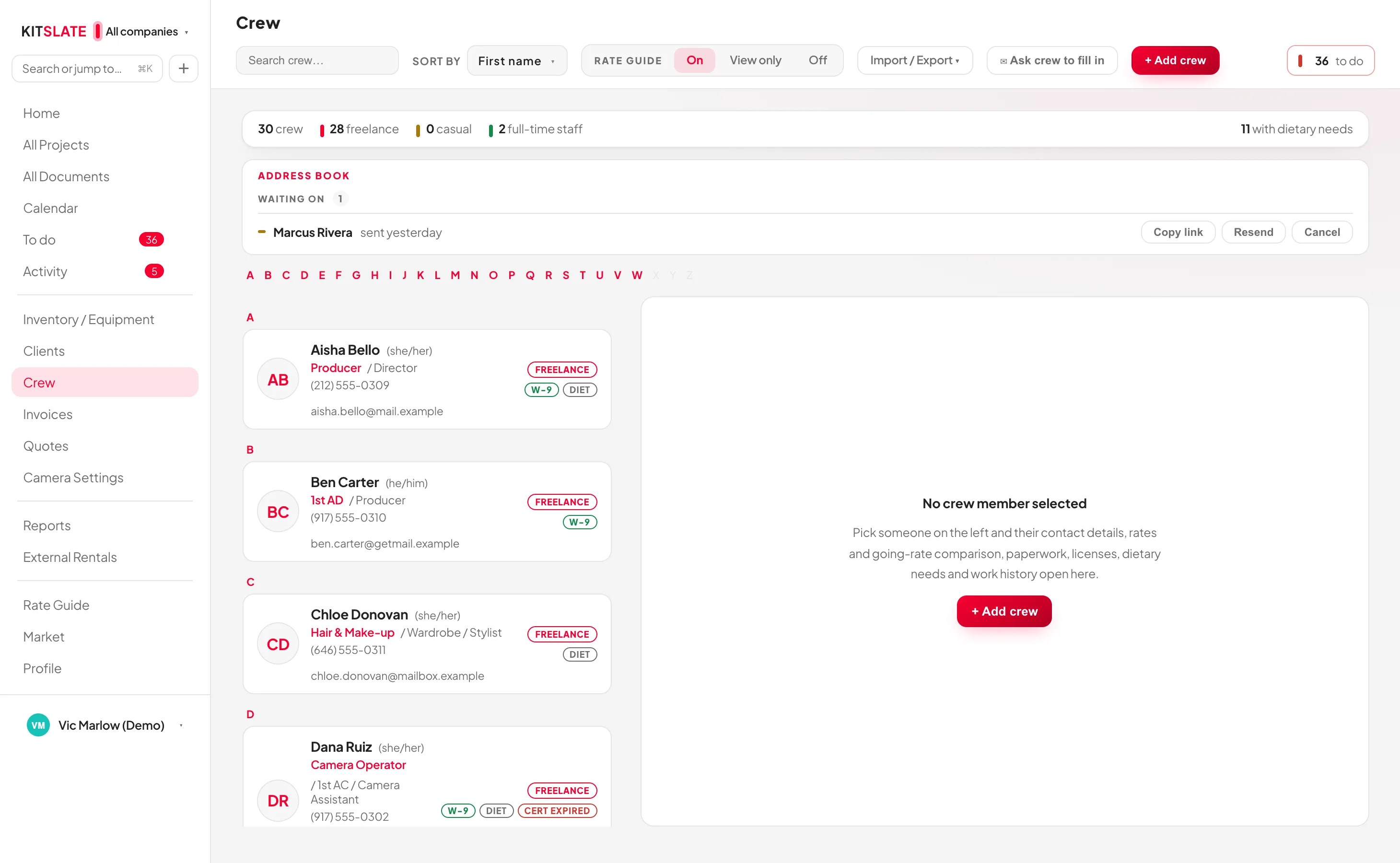 The crew database — each person with their roles, pronouns, phone and email, whether they are freelance or staff, and counts across the top including how many have dietary needs
