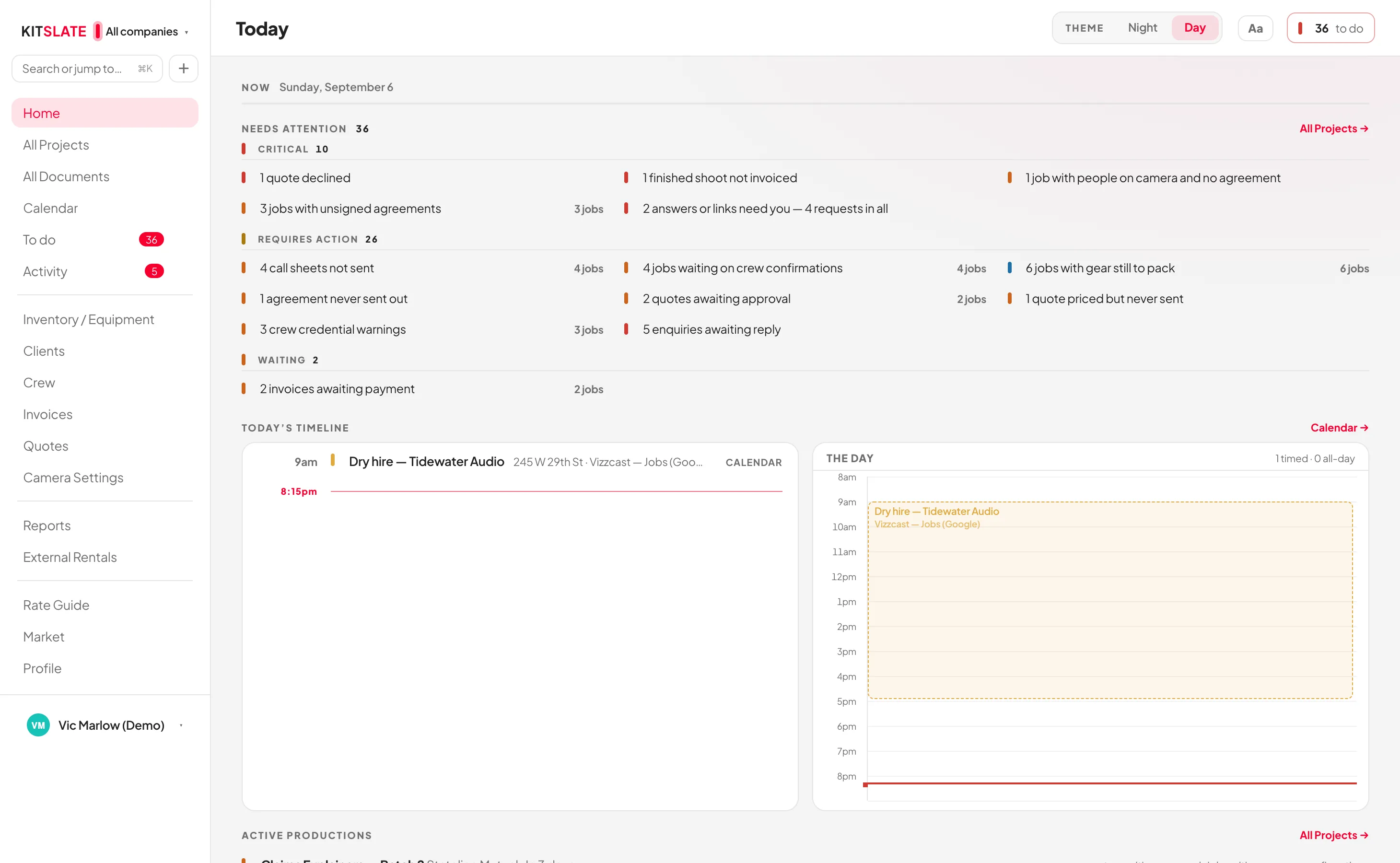The Today dashboard — operations, inventory and communications counts across the top, an attention list grouped into critical, requires action and waiting, and the day's timeline with call times beside an hour-by-hour view of the day