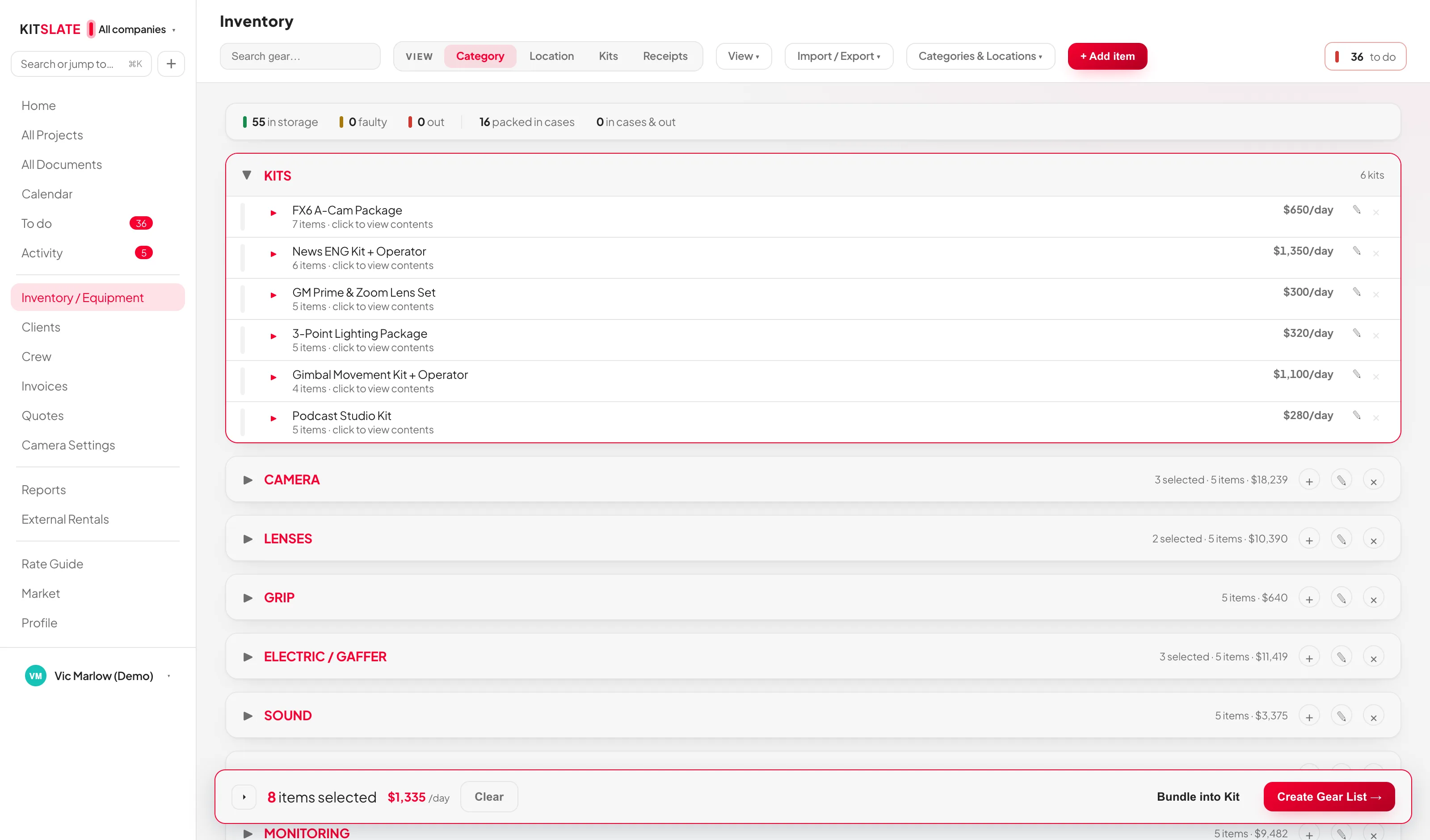 The whole inventory screen — reusable kits with their day rates at the top, then every category with its counts, values and case locations