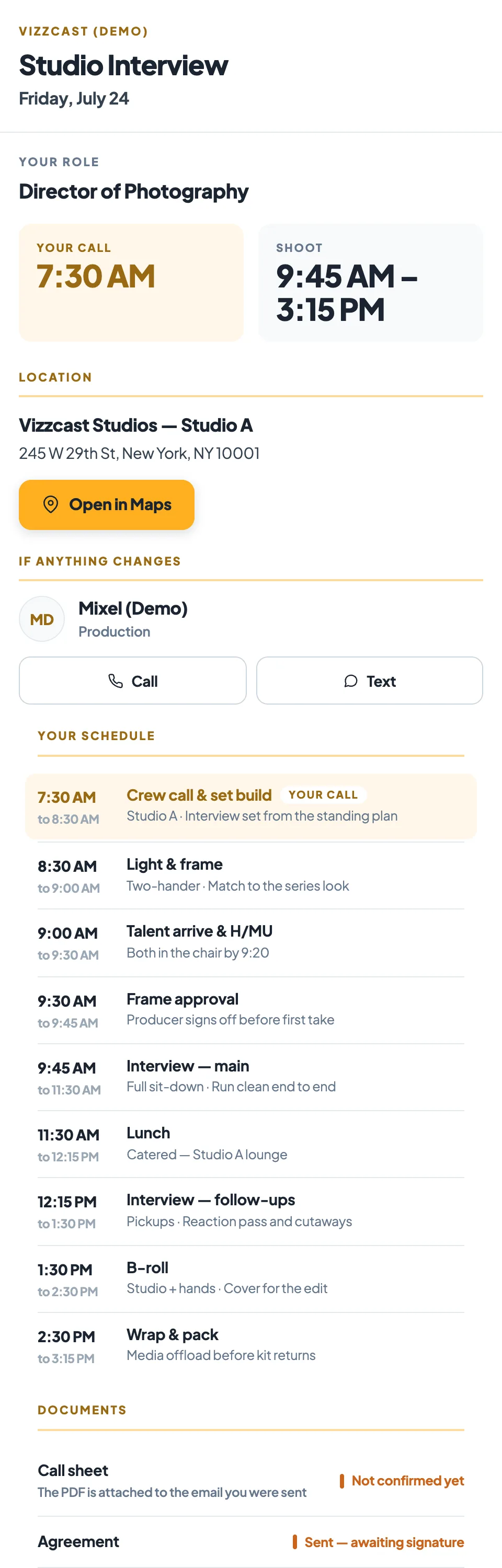 The same brief on a phone — one responsive page, not a separate mobile copy