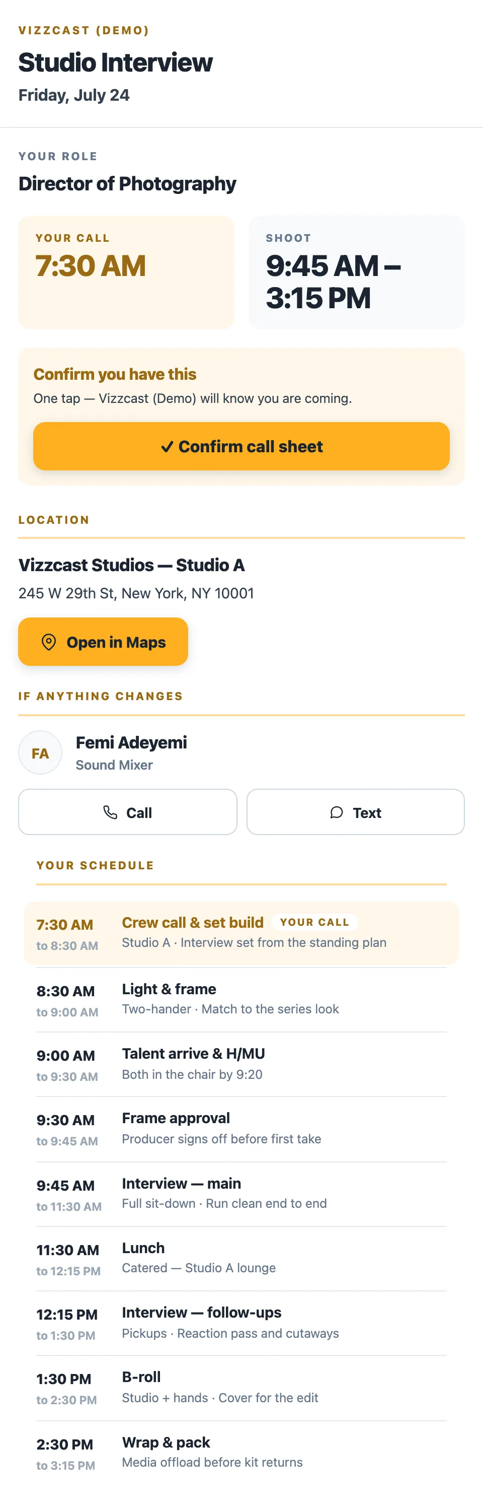 A recipient's production brief on a phone — their role and call time, then a Confirm you have this bar with a Confirm call sheet button, then the location, contacts and their schedule
