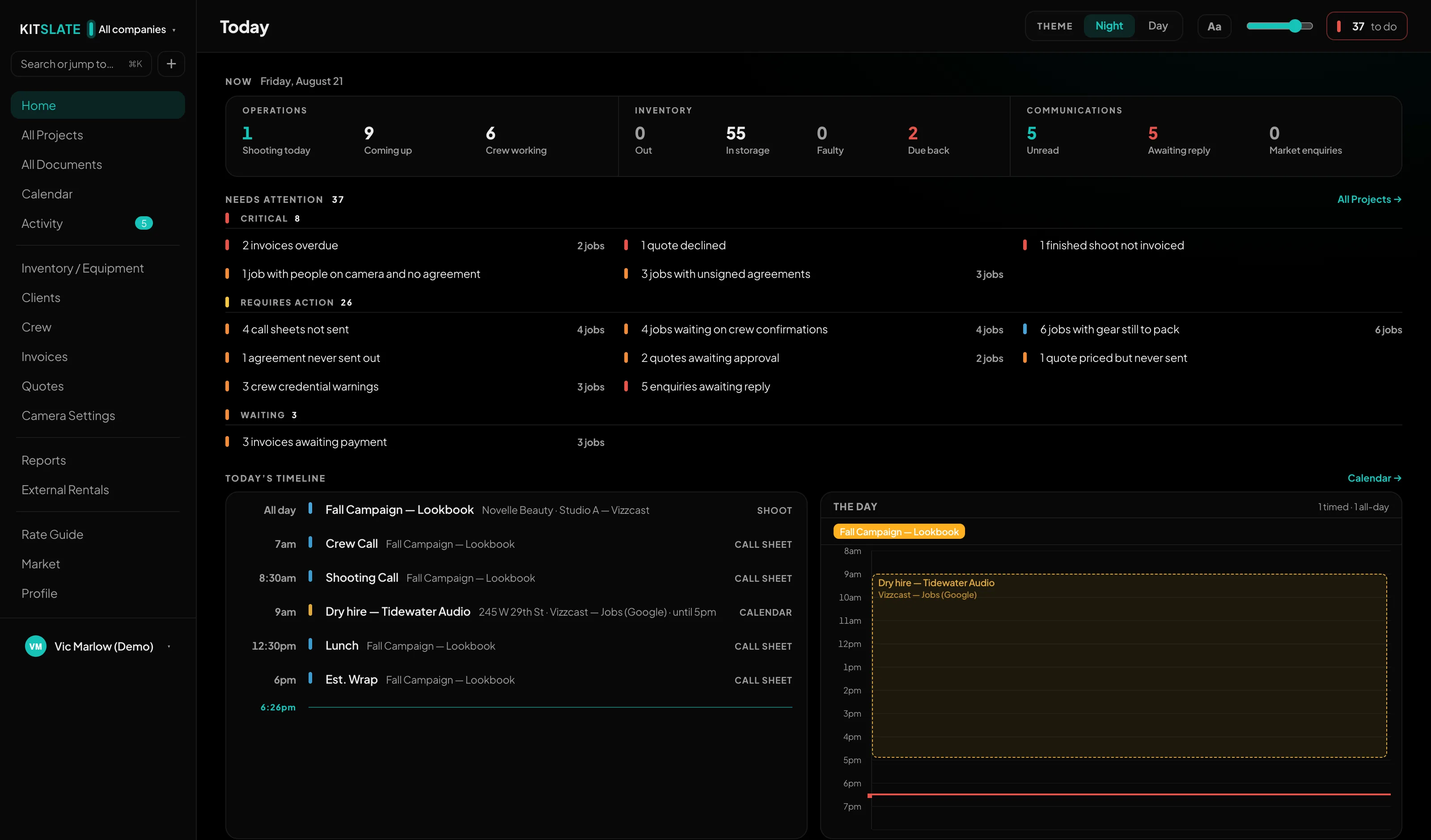 The same Home dashboard at Night with the depth at 100 — every surface pitch black