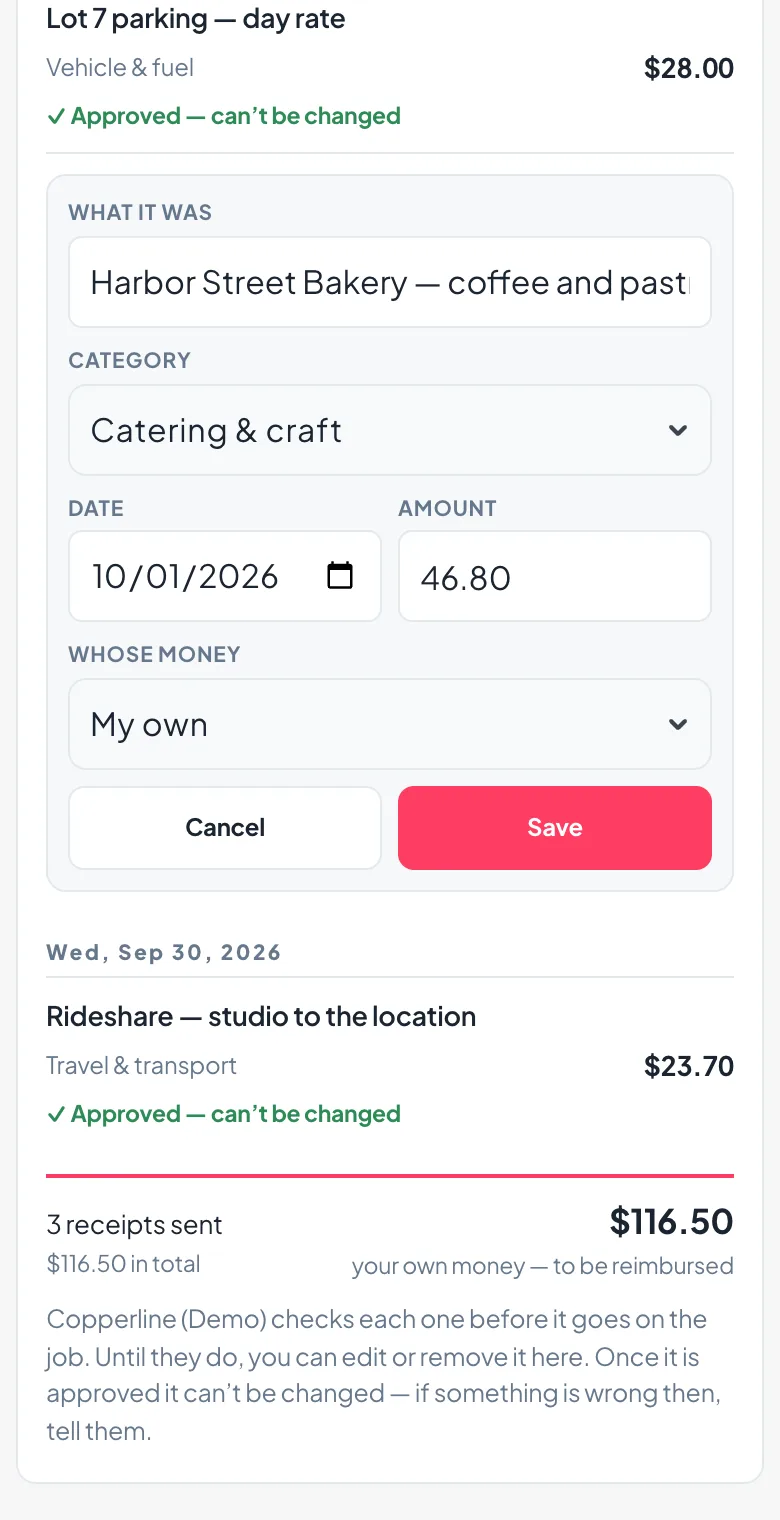 The waiting receipt open for editing: what it was, the category, the date, the amount corrected, whose money, and Cancel and Save