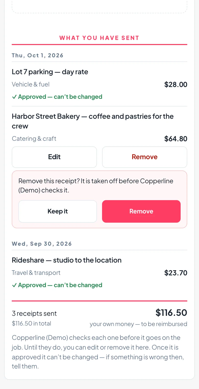 Remove this receipt? asked on the page, with Keep it and Remove side by side