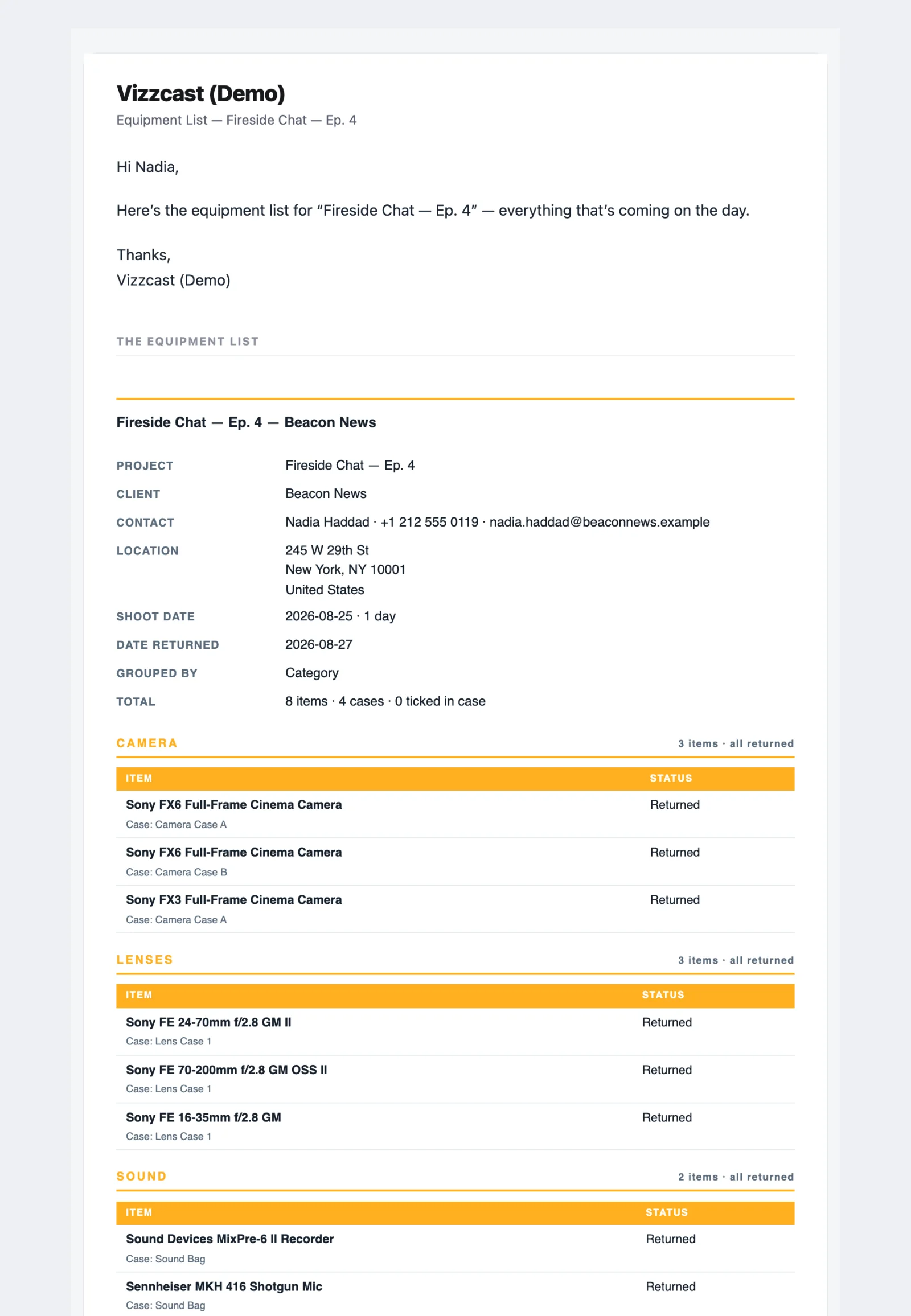 The equipment list email: the company name and Equipment List — Fireside Chat — Ep. 4, a greeting and the message, then the list itself with project, client, contact, location, shoot date, date returned, grouping and totals, and the categories with their items and status