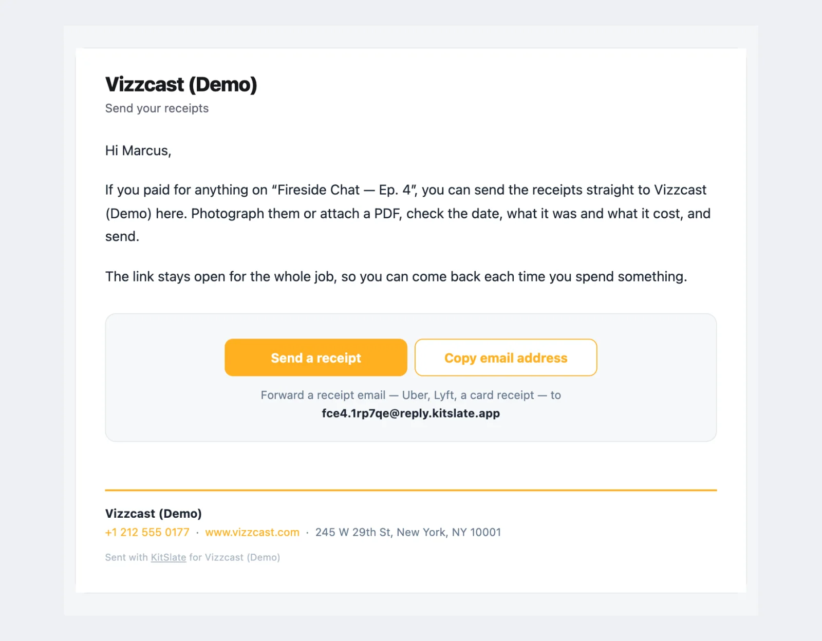 The receipts email: the company name and Send your receipts, a greeting, two paragraphs explaining that receipts for the job can be sent here and the link stays open, a Send a receipt button, a Copy email address button and the reply address to forward receipts to