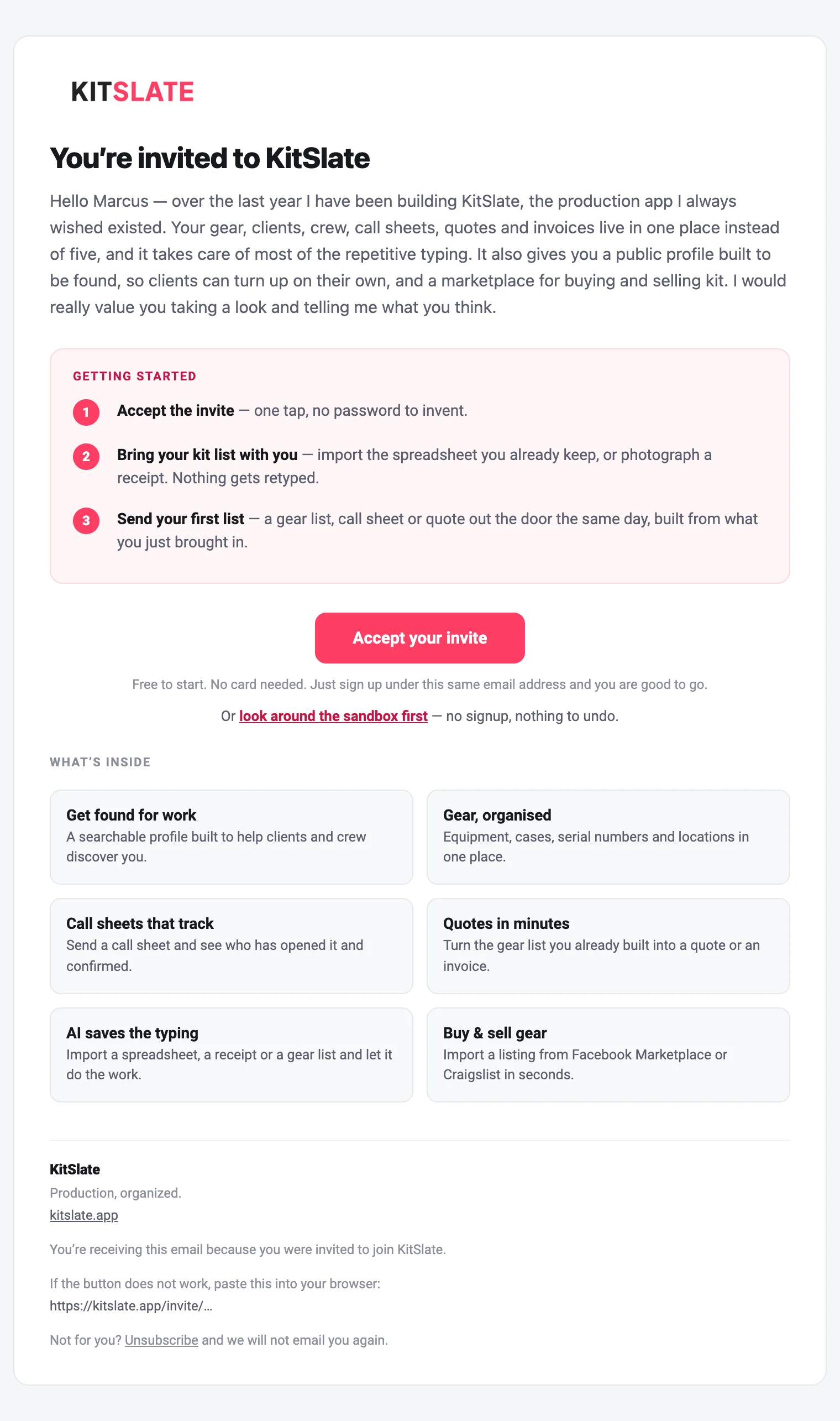 The KitSlate invitation email: the wordmark, You're invited to KitSlate, a personal note, a Getting started box with three numbered steps, an Accept your invite button, a link to look around the sandbox first, six What's inside tiles, and the footer with the unsubscribe line