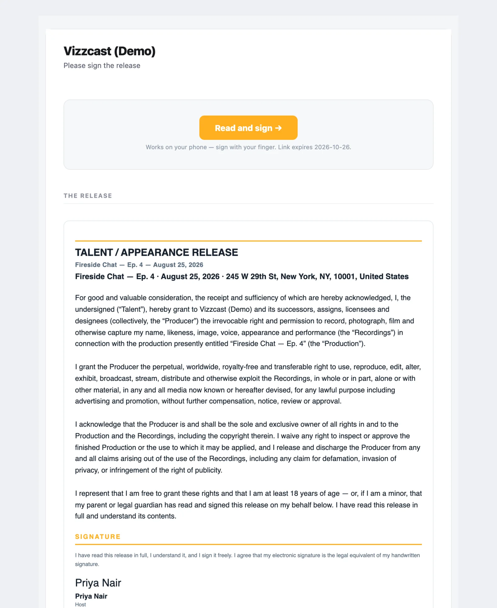 The release email: the company name and Please sign the release, a Read and sign button with a note that it works on a phone and when the link expires, then the full talent / appearance release text beneath a THE RELEASE heading