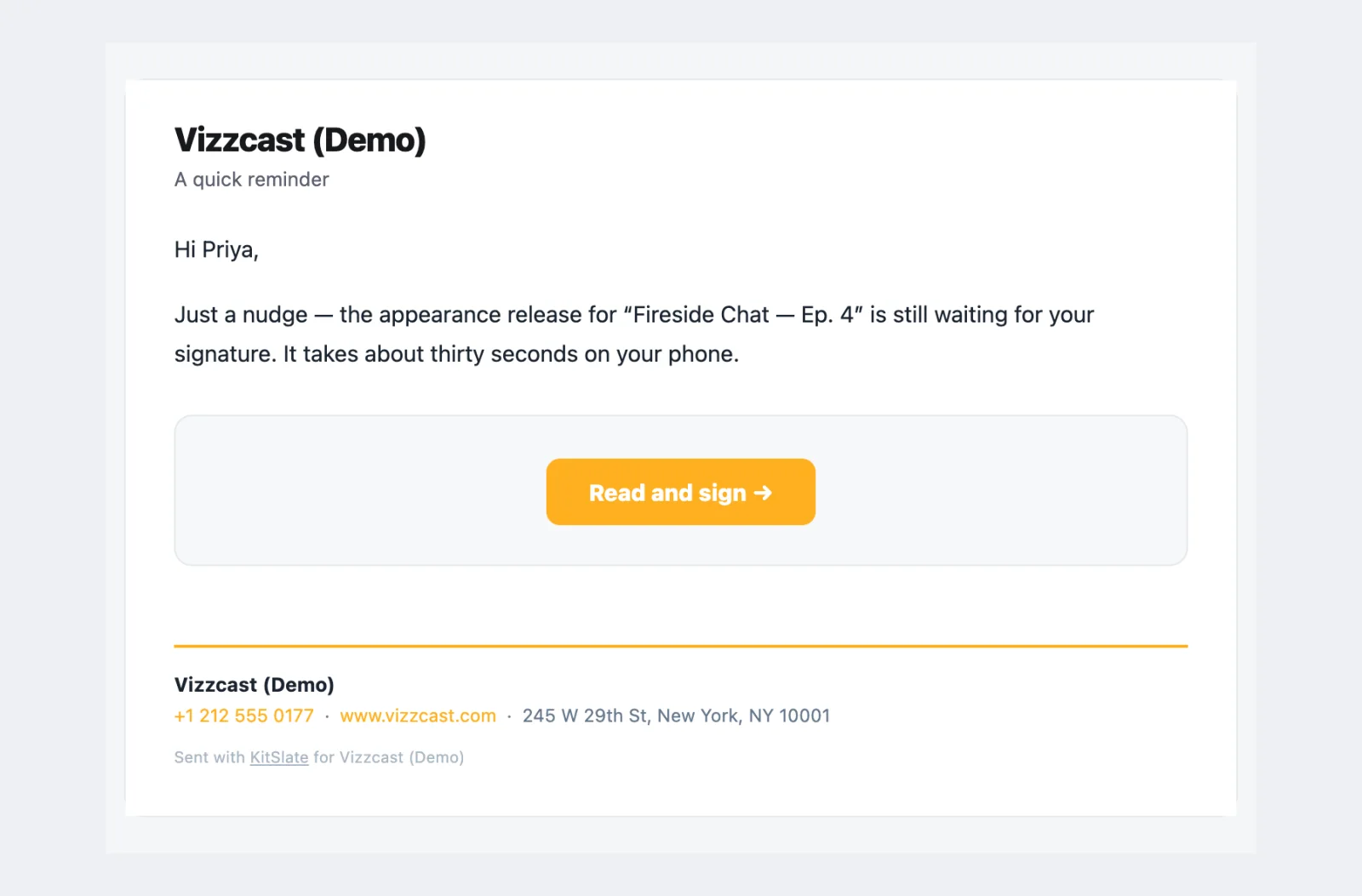The reminder email: the company name and A quick reminder, a greeting, a line saying the appearance release is still waiting for their signature and takes about thirty seconds on a phone, and a Read and sign button