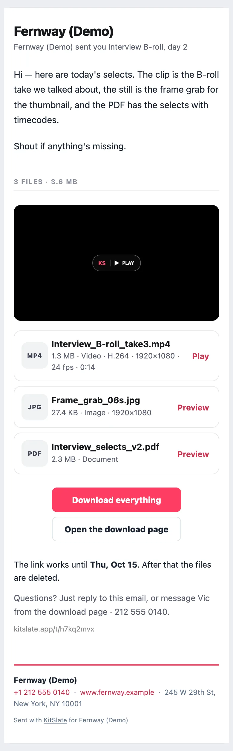The same file transfer email on a phone: the still, the file cards and the two buttons stacked