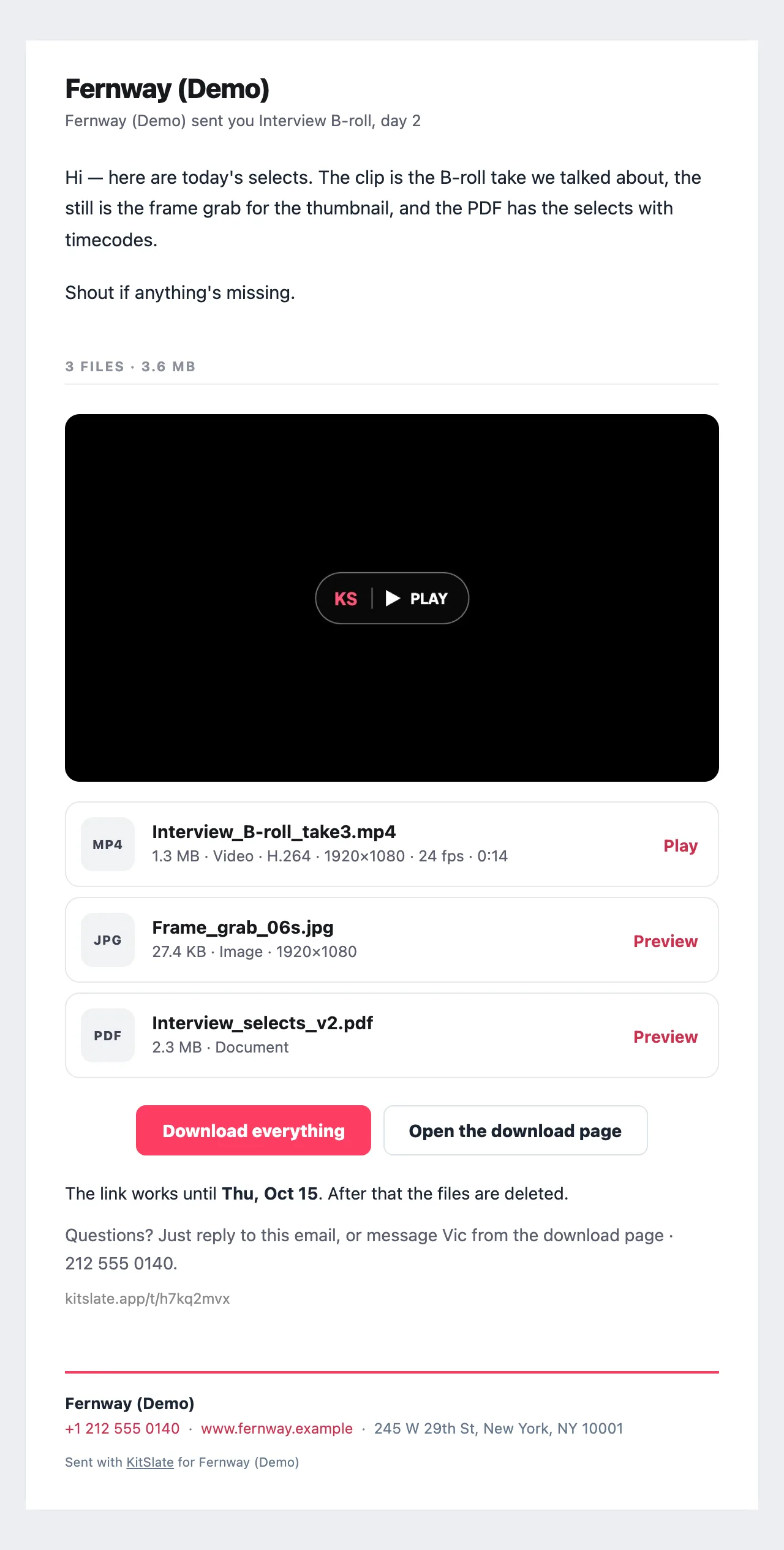 The file transfer email from Copperline on a computer: the note, a still of the first clip with a KS Play mark, a card per file with a type badge, name, size and specs and a Play or Preview link, Download everything and Open the download page buttons, the link date and the short link