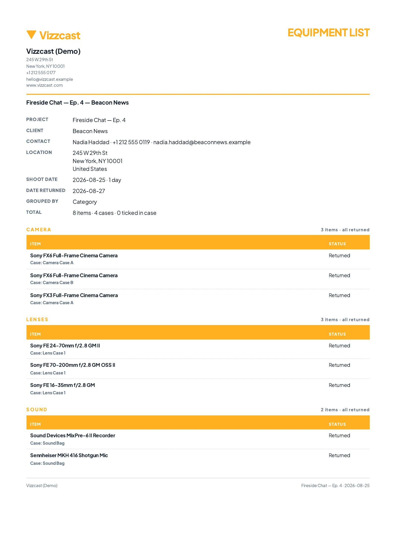 The equipment list as it is sent: the categories and rows on one page