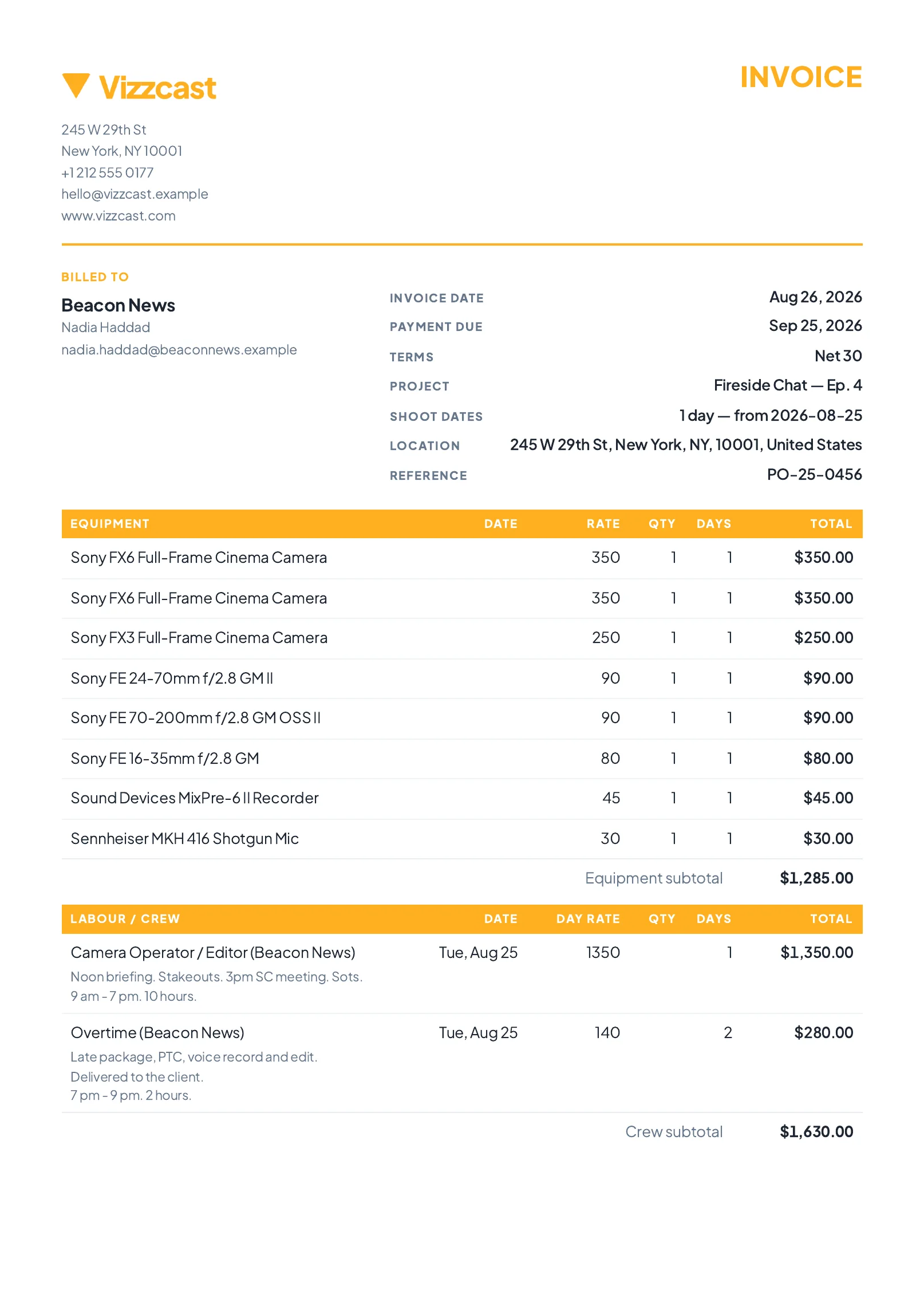 The invoice as a PDF: the same sections and the same totals