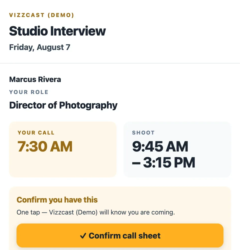 The crew member's page on a phone: the production and date, their role and call time, a Confirm you have this bar with a Confirm call sheet button, the map with an Open in Maps button and the address, an If anything changes card with Call and Text buttons, the Documents list, and the production contacts — screen 1 of 3