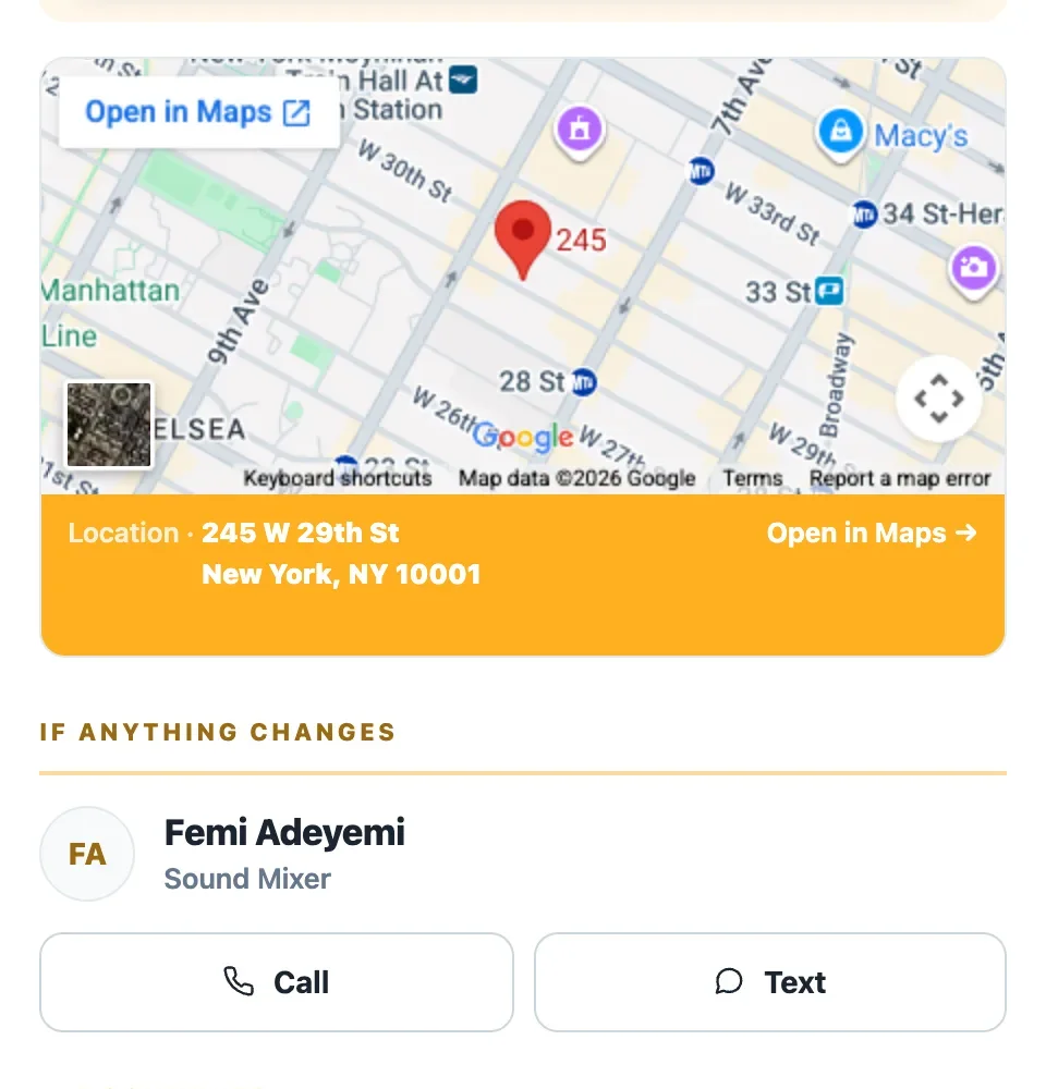 The crew member's page on a phone: the production and date, their role and call time, a Confirm you have this bar with a Confirm call sheet button, the map with an Open in Maps button and the address, an If anything changes card with Call and Text buttons, the Documents list, and the production contacts — screen 2 of 3