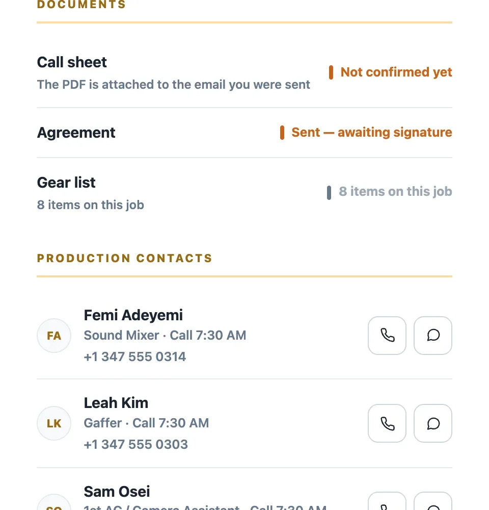 The crew member's page on a phone: the production and date, their role and call time, a Confirm you have this bar with a Confirm call sheet button, the map with an Open in Maps button and the address, an If anything changes card with Call and Text buttons, the Documents list, and the production contacts — screen 3 of 3