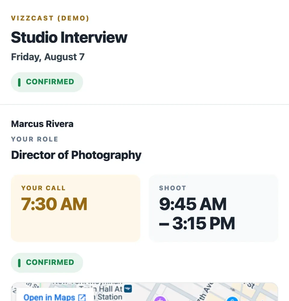 The top of the crew member's page after tapping Confirm — the production, their role and call, and the confirm bar replaced in place by a CONFIRMED chip