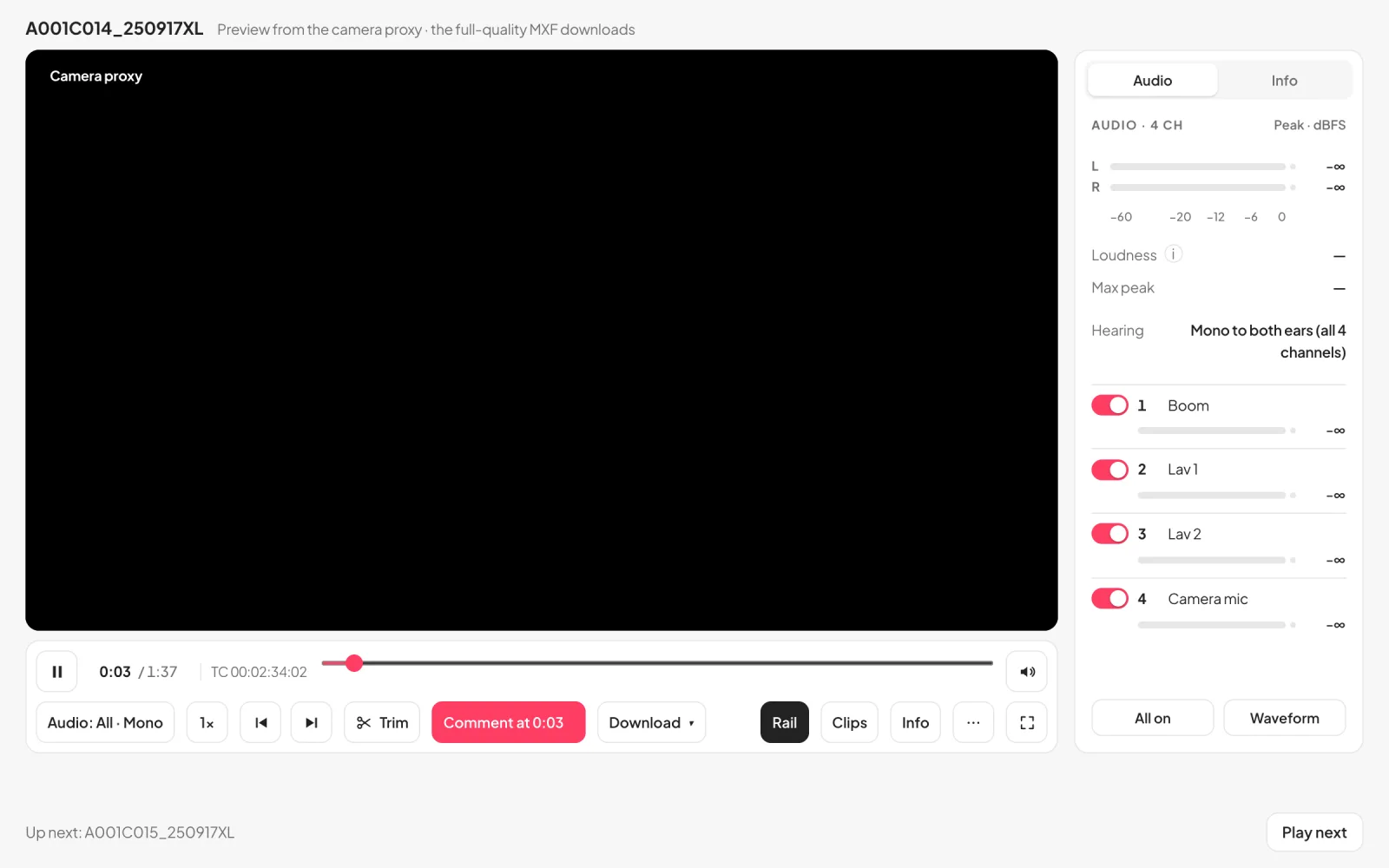 The download page with a clip open in the player: Full screen and Expand above the picture, Comment at the paused moment under it, and the clip's codec, resolution, frame rate, length and audio beneath