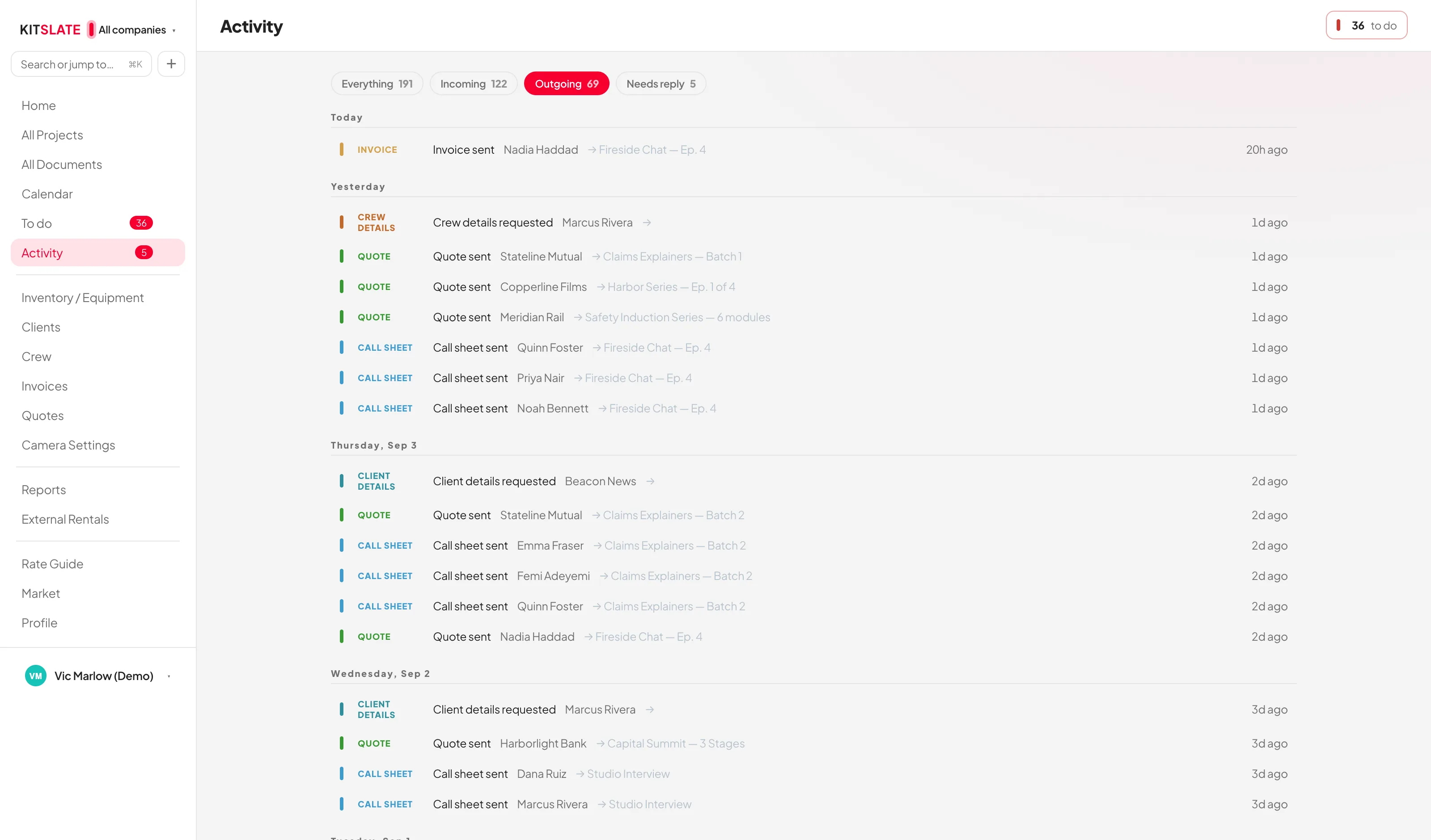 Outgoing activity in KitSlate listing every document sent — call sheets, quotes and invoices — each against the person and the production it went to
