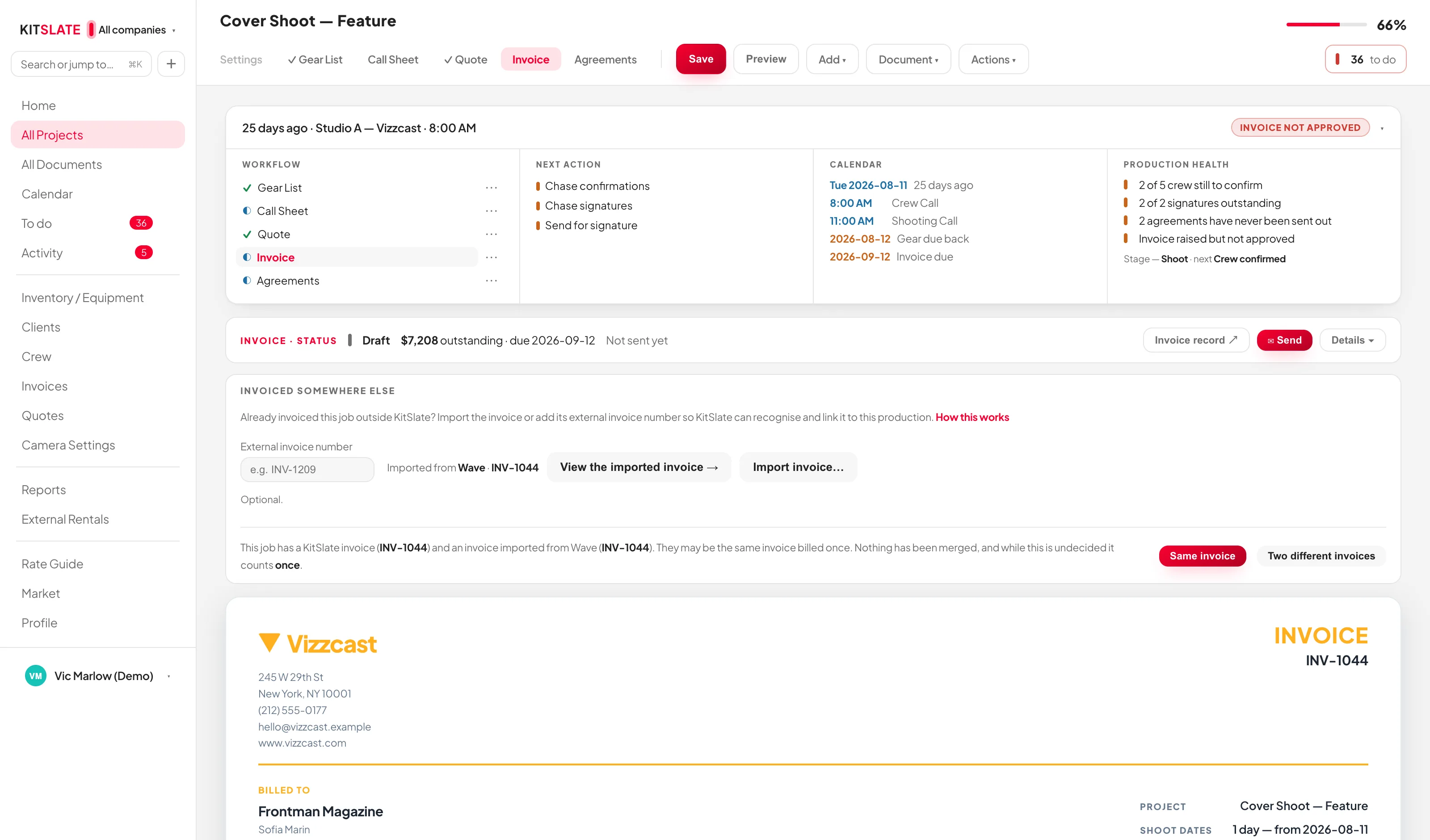 The invoice for the production showing its outstanding balance and due date, the external accounting reference recorded against it, and the invoice document itself with the client, project and terms