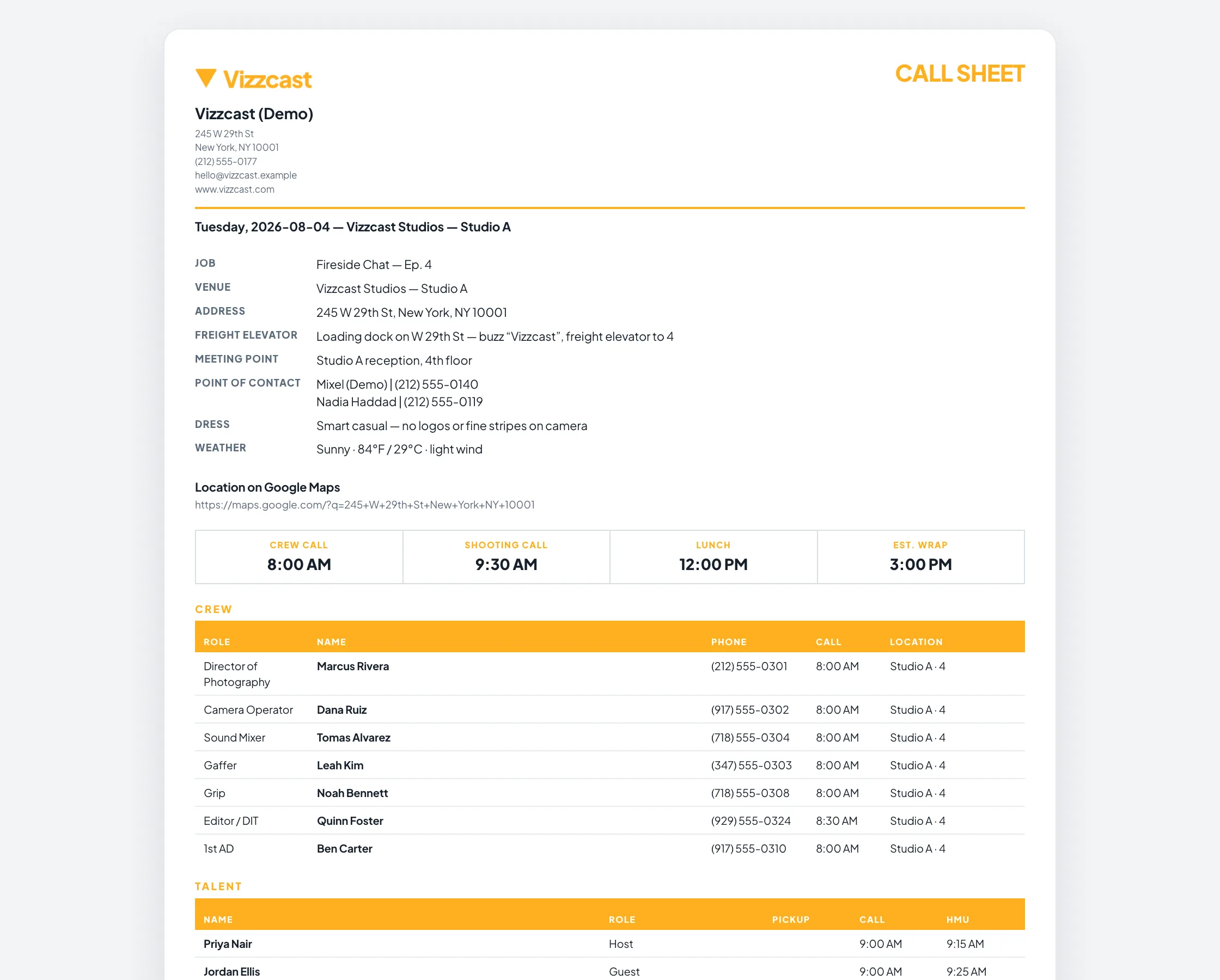 The call sheet as the crew member receives it: the shoot date and venue, the address, freight elevator and meeting point, the on-set contacts, dress and weather, then crew call, shooting call, lunch and estimated wrap, and a crew table listing every person with their role, phone number, call time and location