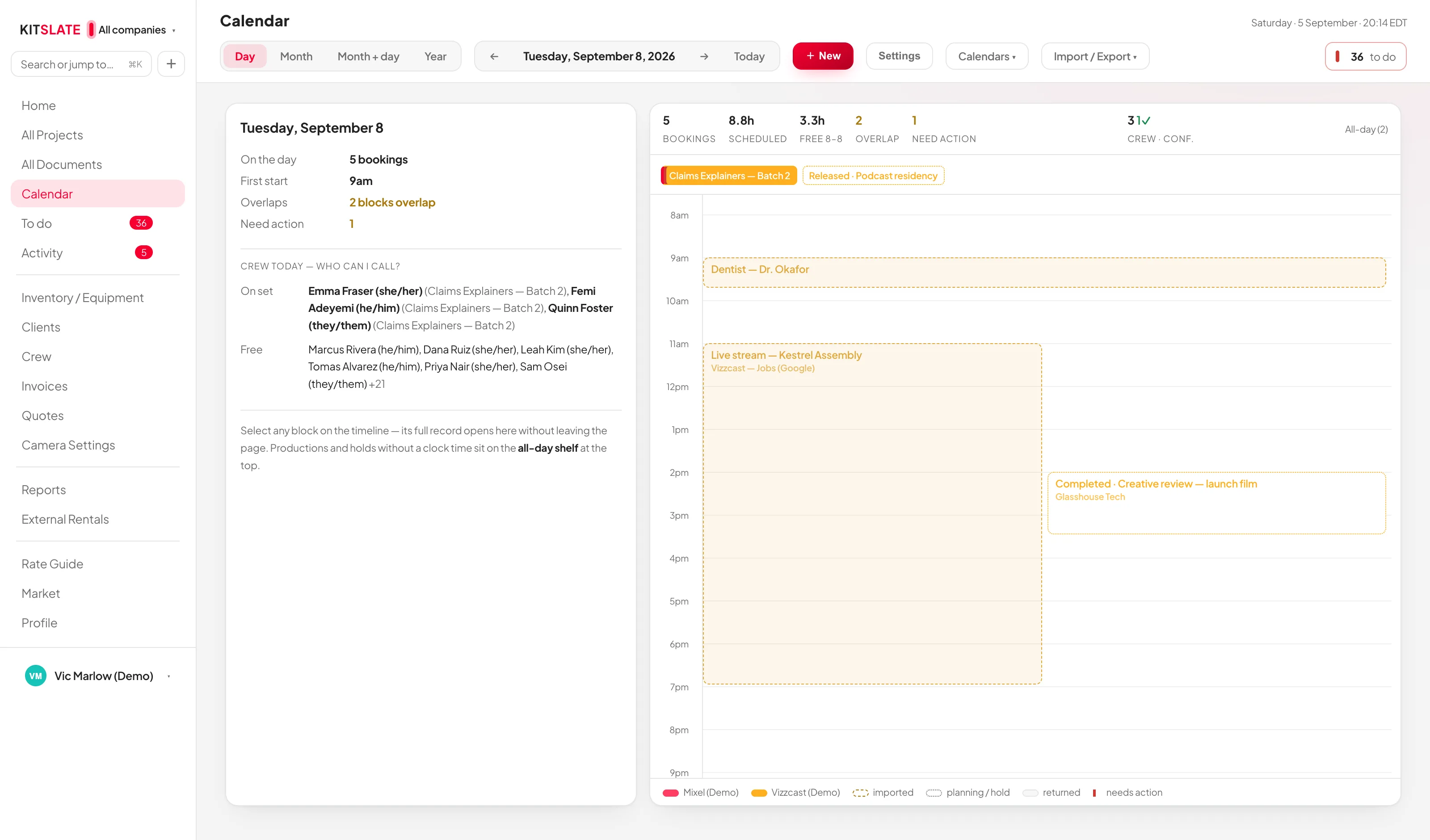 The KitSlate day view: one day's bookings with what starts when and what overlaps, an operations panel, and a crew list showing who is free that day and who is already working