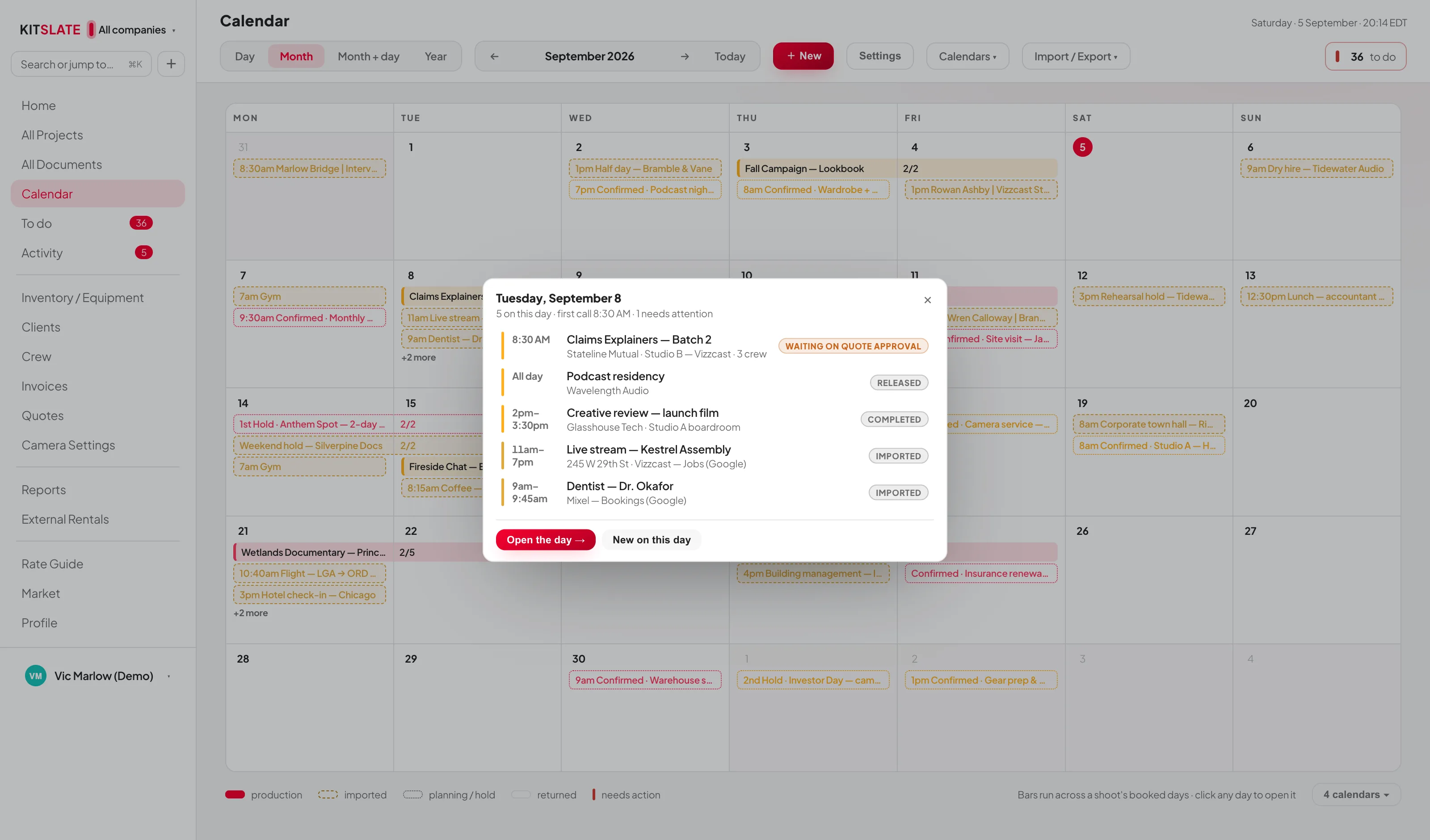 A day opened over the month calendar: a card listing everything on that day — a production with its client, studio and crew count, a podcast residency, a creative review, and two imported calendar entries — each row carrying its own state