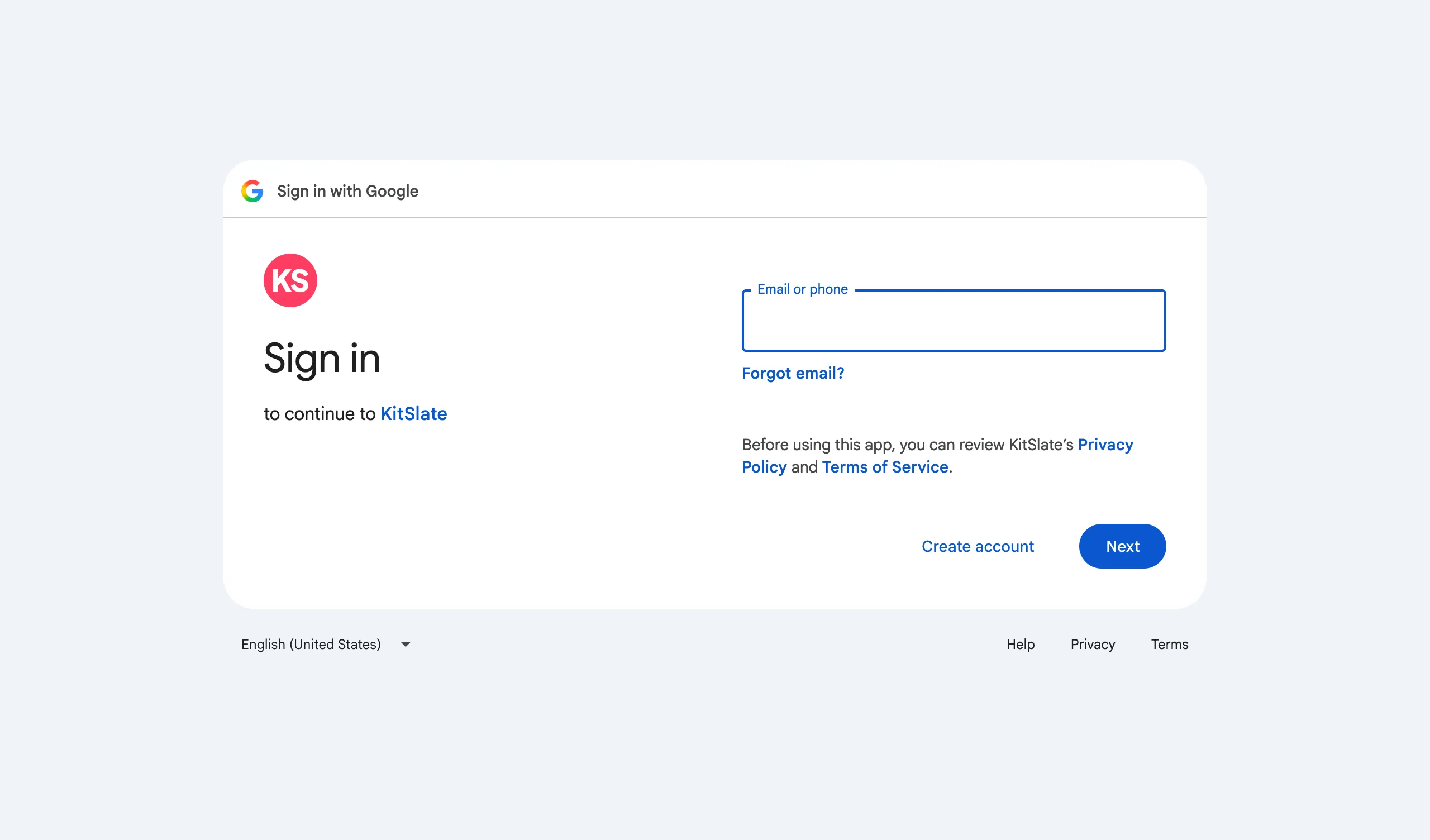Google&rsquo;s own sign-in screen for the calendar connection: Sign in, to continue to KitSlate, with links to KitSlate&rsquo;s privacy policy and terms of service