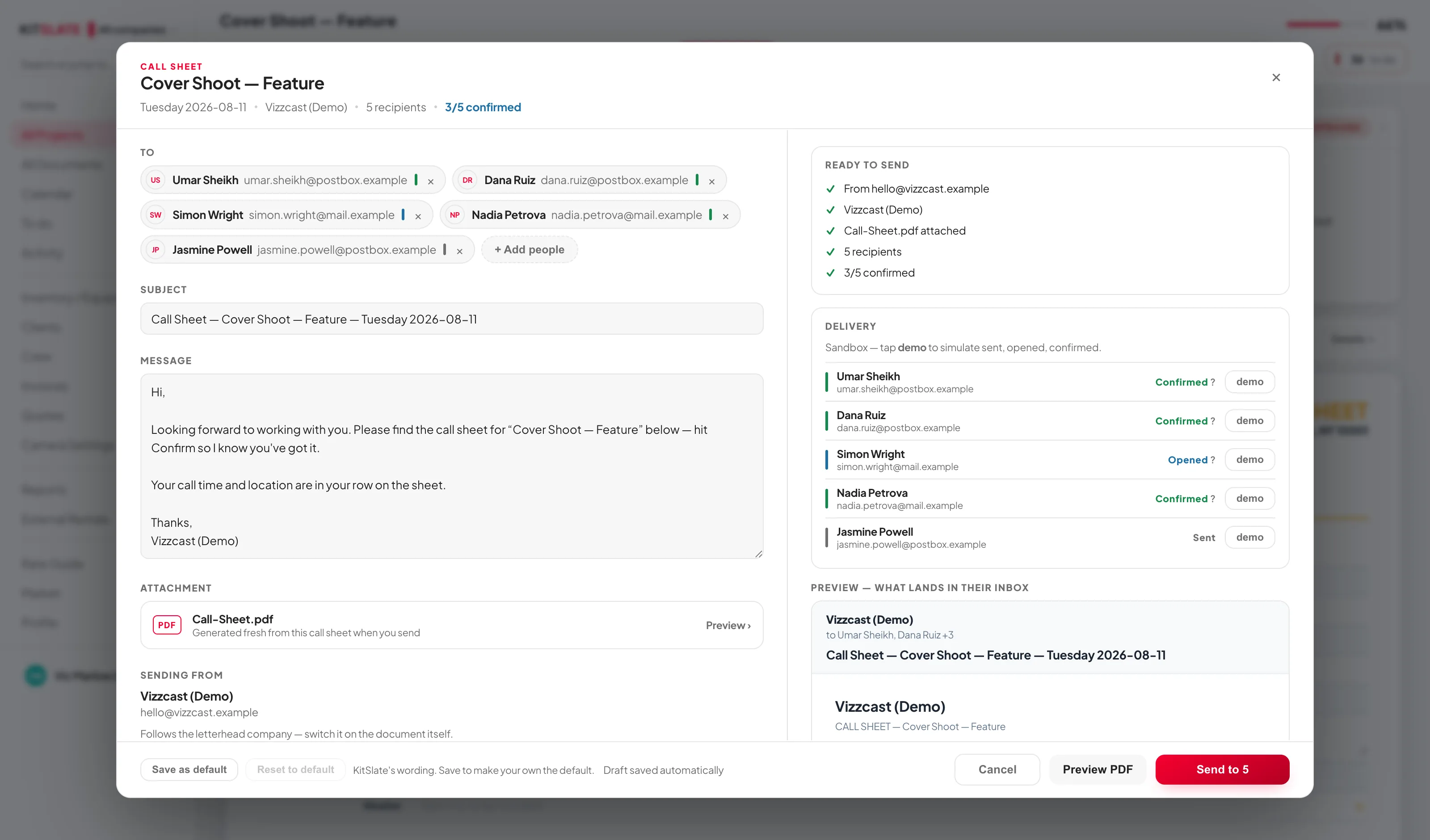 Sending the call sheet: the recipients, the subject, the covering message, the PDF generated from this call sheet, a checklist confirming who it is from and that everyone is confirmed, per-person delivery tracking, and a preview of the email exactly as it will land in their inbox