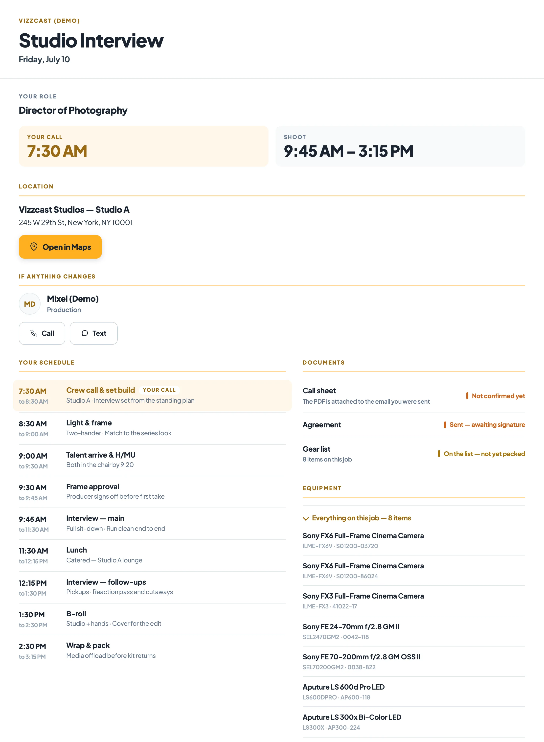 The same call sheet as the recipient's own page on a laptop: the production and date, their role and call time, the location with a maps link, who to call if anything changes, and their schedule