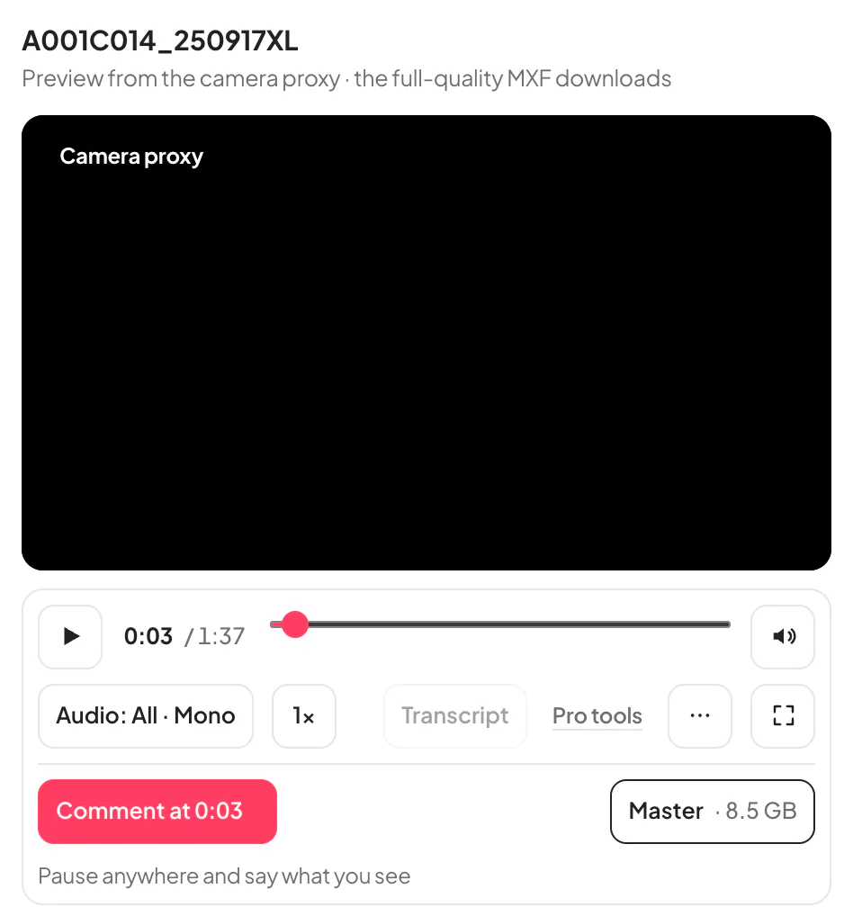 The page a recipient opens, from a free account: the clip&rsquo;s name, the black picture, and the player&rsquo;s controls on one line &mdash; play, time, scrubber, Audio, speed, full screen &mdash; then Comment at 0:03 and the Master download, 8.5 GB
