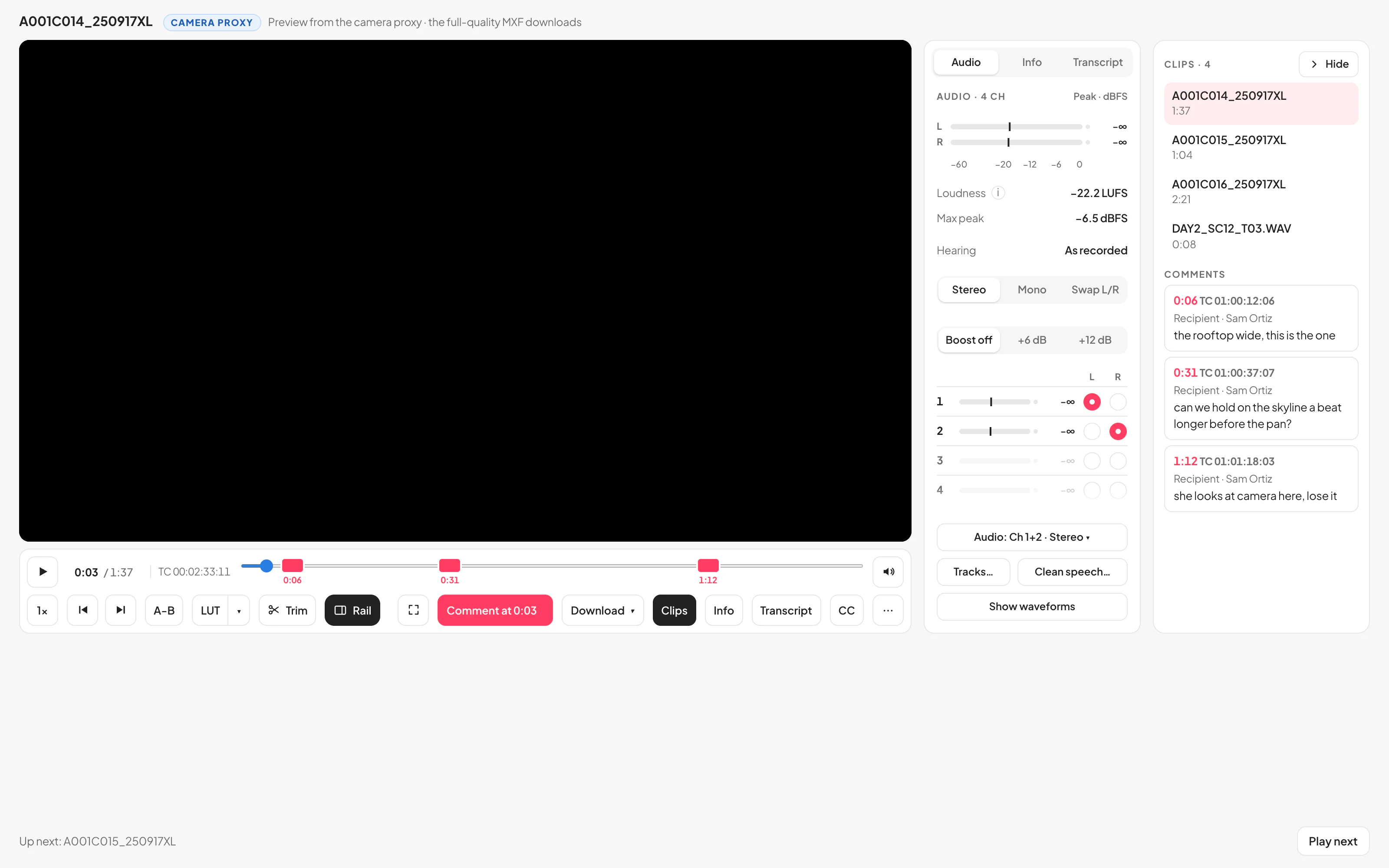The player expanded, paused at 0:03, with a comment&rsquo;s marker at 0:06 on the scrubber and, beside the picture, the clips and the comment itself: 0:06, TC 01:00:12:06, from the recipient