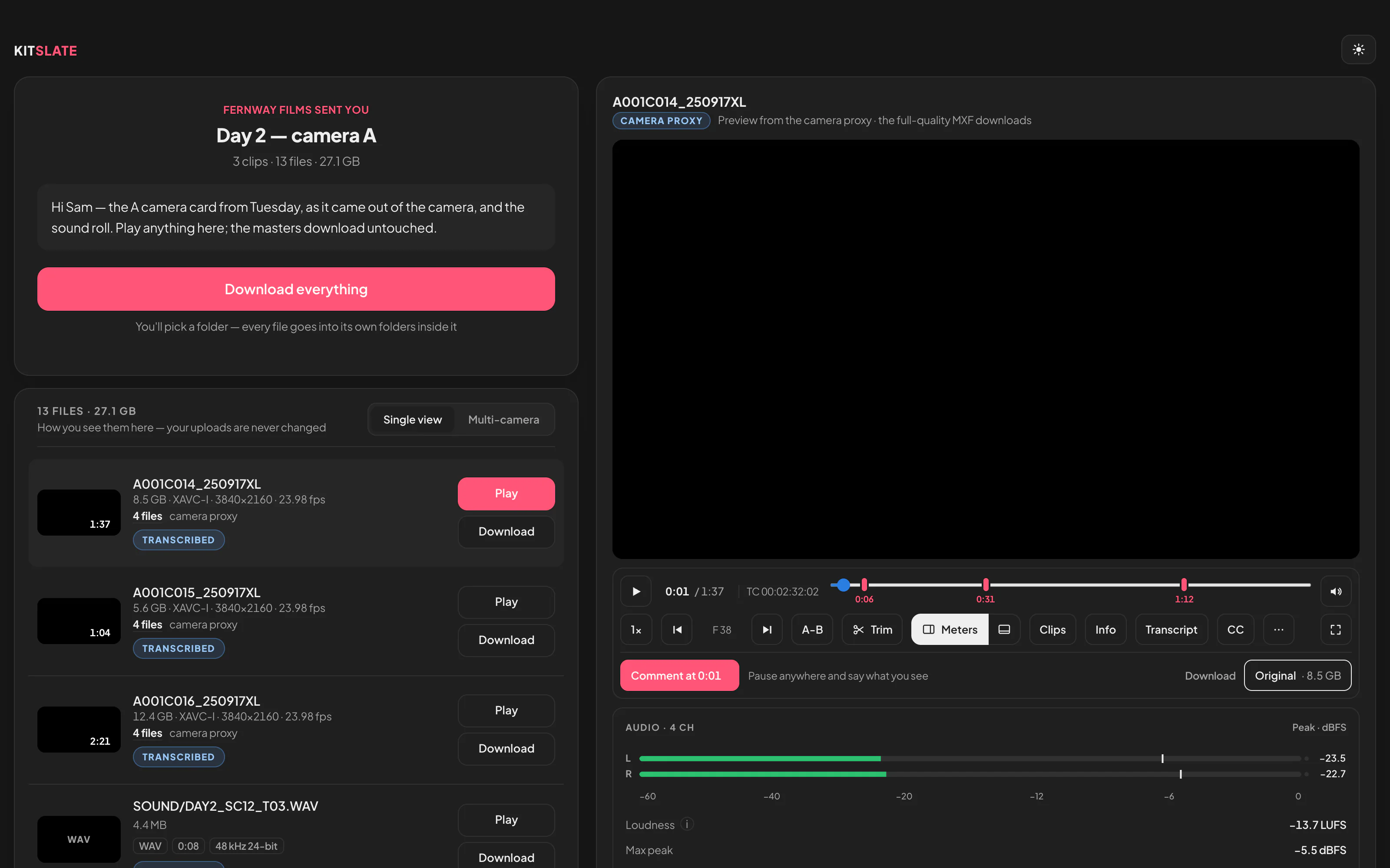 The page a client opens for a camera card: the sender&rsquo;s note and Download everything, a row per clip, and the clip open in the player beside them with its audio rail