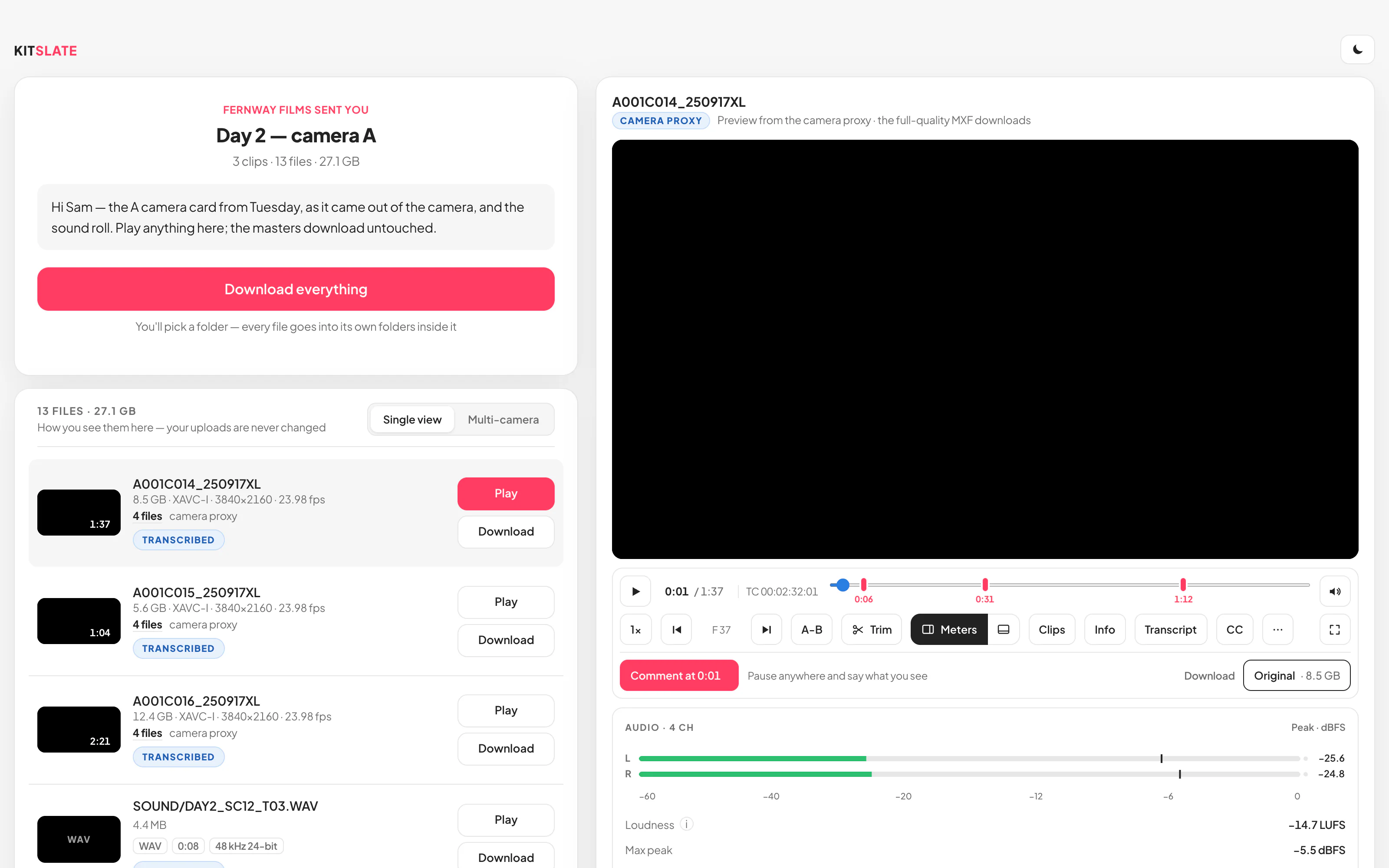 The page a client opens for a camera card: the sender&rsquo;s note and Download everything, a row per clip, and the clip open in the player beside them with its audio rail
