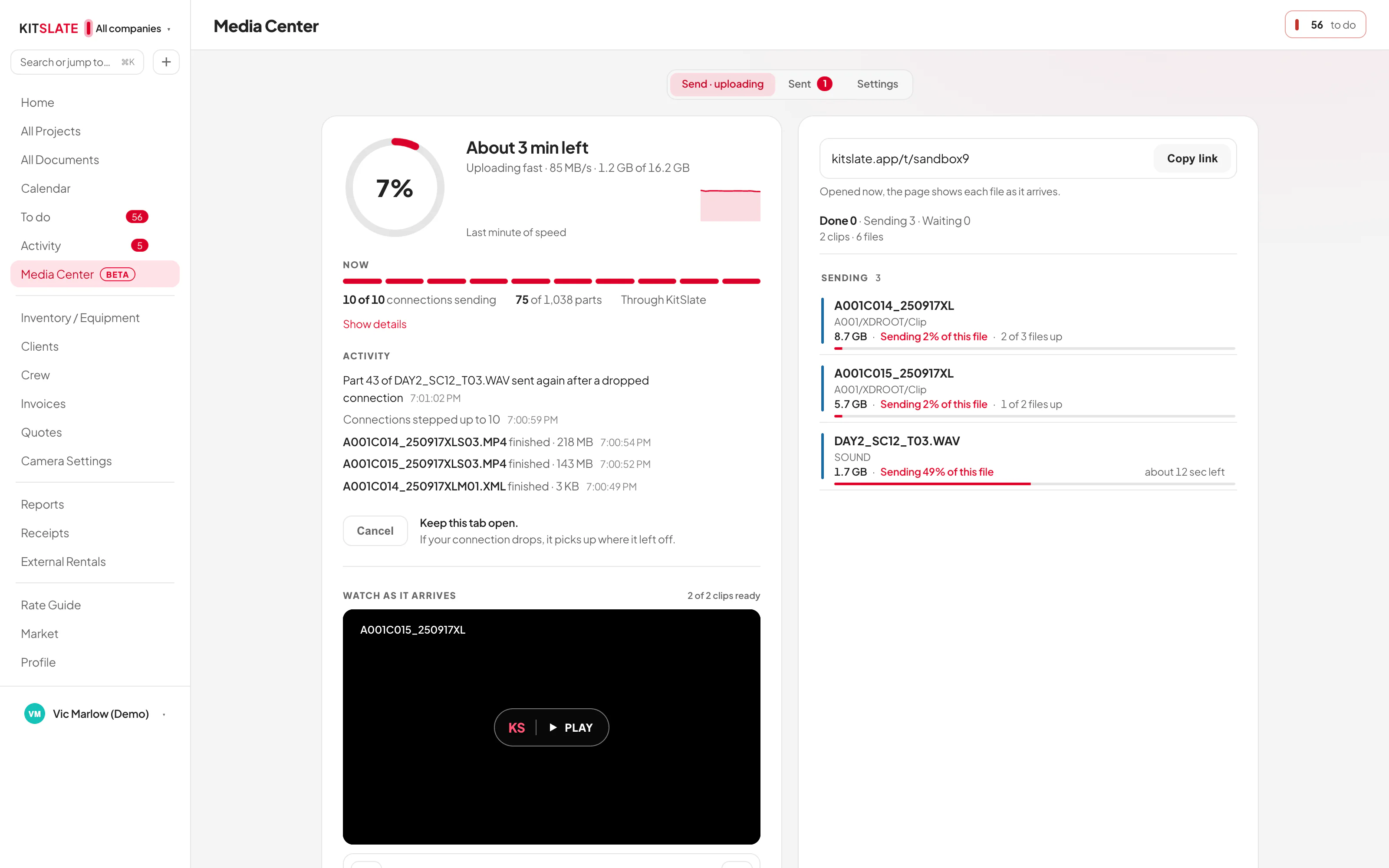 The Media Center in the app while a camera card uploads: the transfer&rsquo;s link with Copy link beside it, the files that are done, sending and waiting, and how long is left
