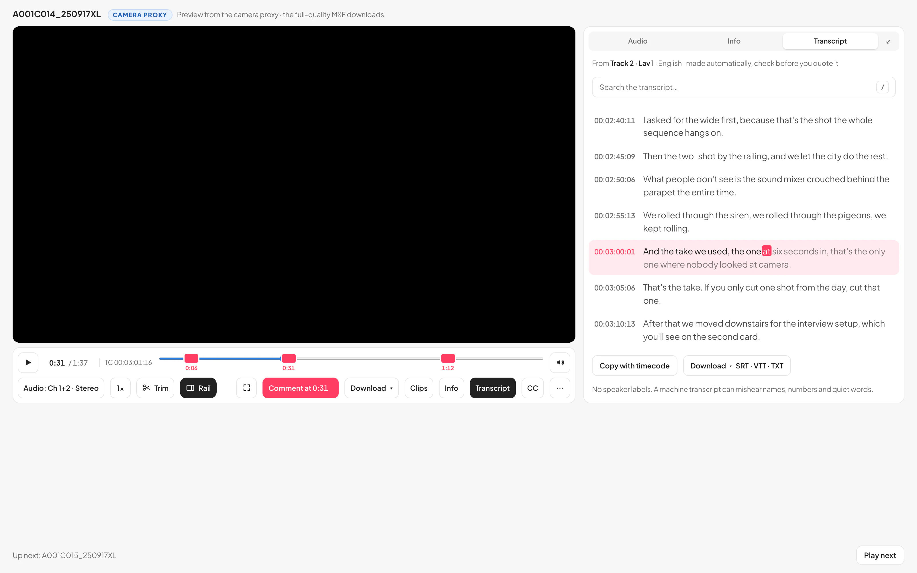 The player expanded with the side panel on its Transcript tab: every line led by the clip&rsquo;s own timecode, the line being heard lit and the word with it, a search box above, and Copy with timecode and the SRT, VTT and TXT downloads under the lines