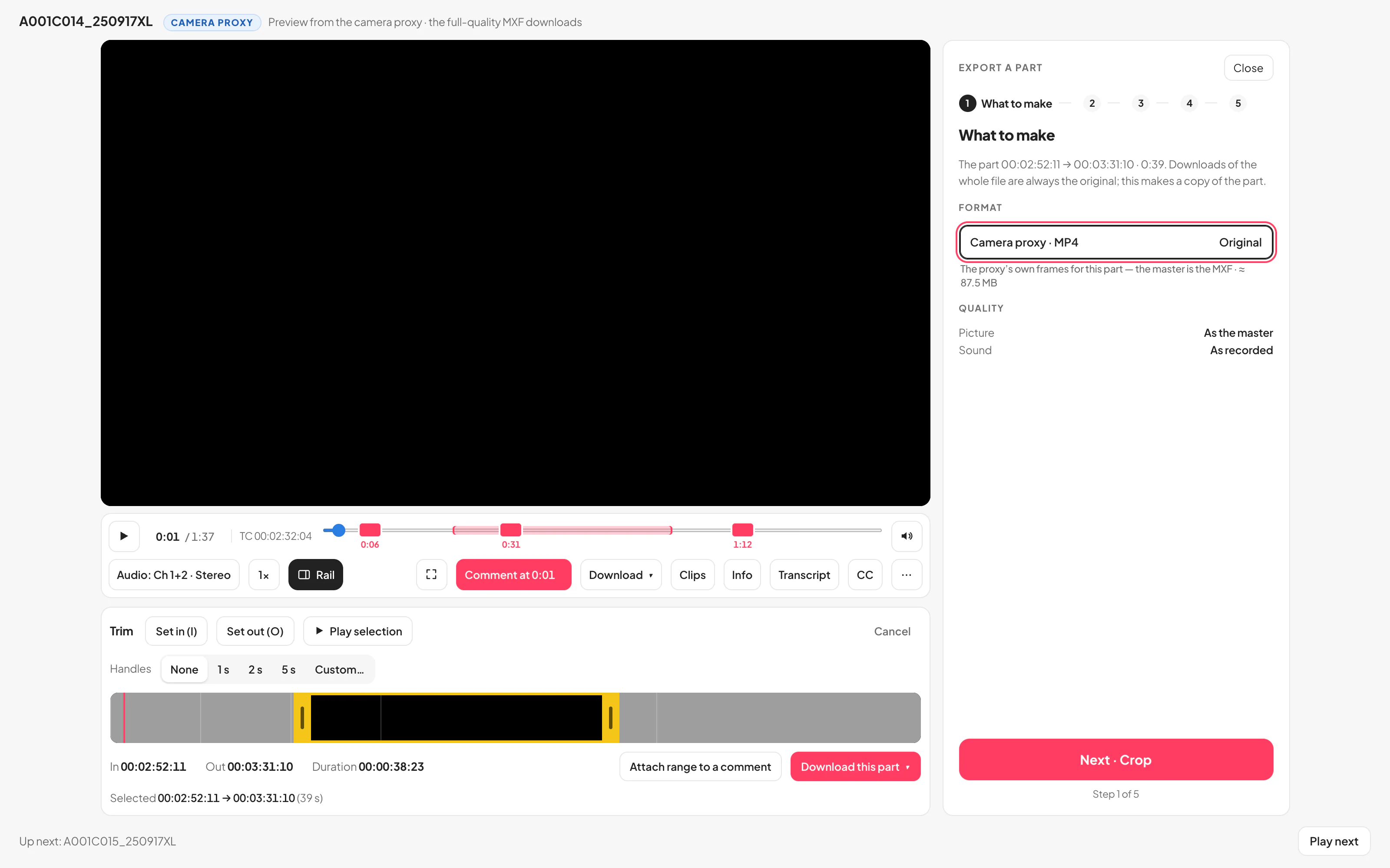 Trim open under the player: a filmstrip of the clip with yellow handles round the chosen part, its in, out and duration, and the menu of what the part can be downloaded as