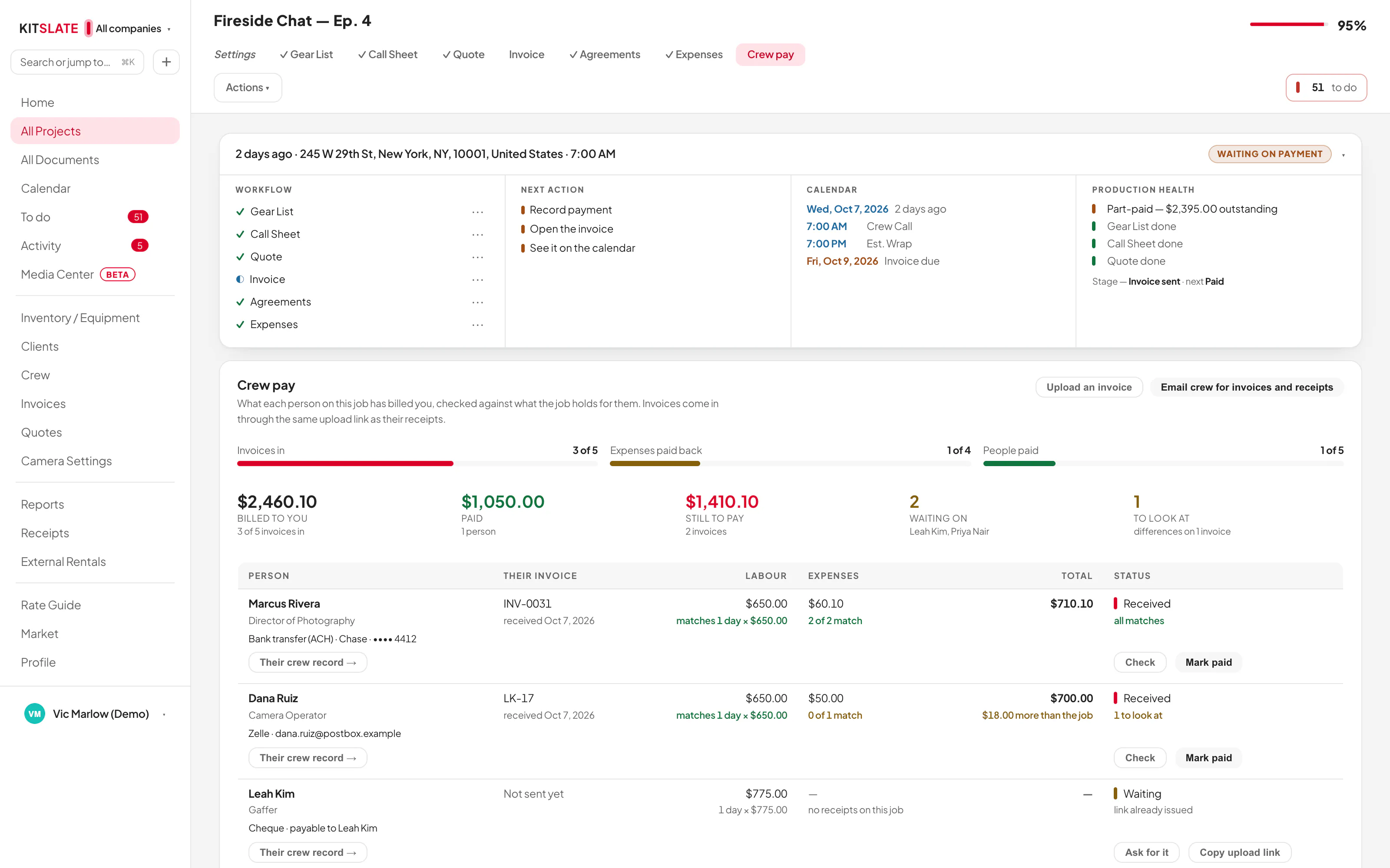 A job&rsquo;s Crew pay tab: invoices in, expenses paid back and people paid, then a row per person with their invoice, labour and expenses each checked against the job, and Check and Mark paid