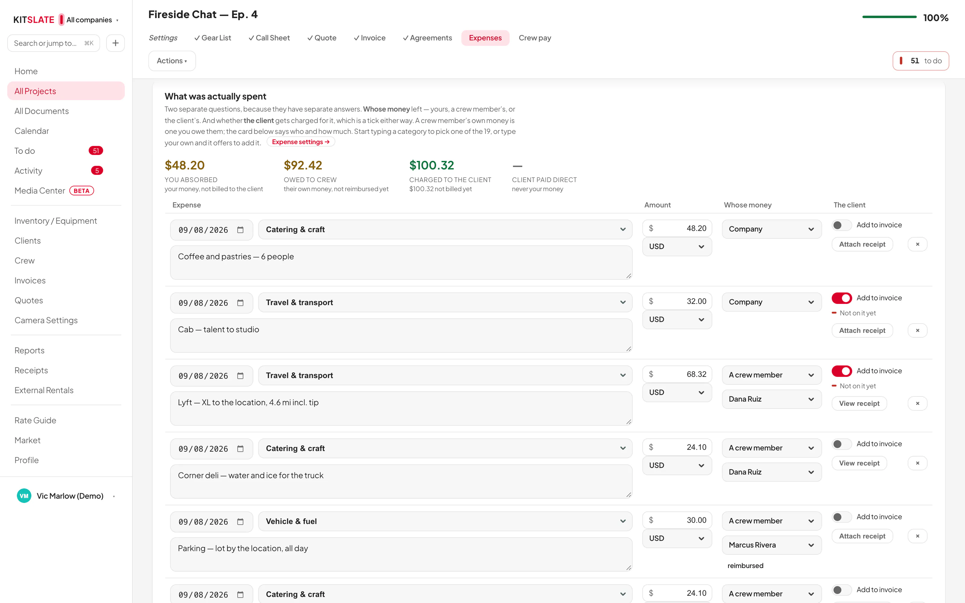 A job&rsquo;s Expenses tab at What was actually spent: what you absorbed, what is owed to crew and what is charged to the client, then each expense with its category, amount, whose money and an Add to invoice switch